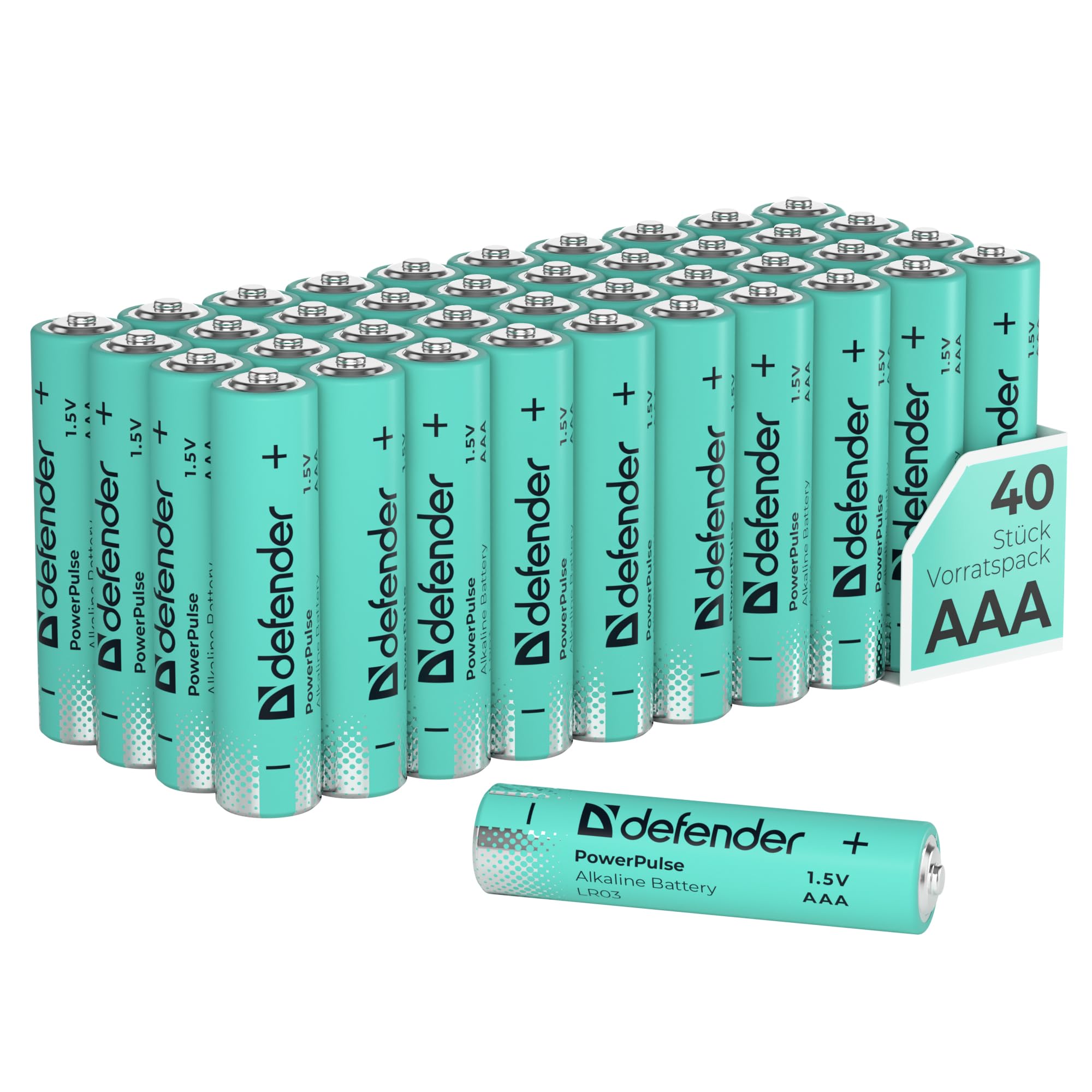 Defender PowerPulse Alkaline Batterien AAA (LR03) 1,5V – 40 Stück Box, langlebige Alkaline Batterie für Haushalt, Spielzeug, Fernbedienung, Taschenlampe und Elektronik, 5 Jahre haltbar (40, AAA)