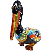 Pelican Figure Small Hand Painted Indoor Outdoor Multi Colored Figure Glazed Puebla