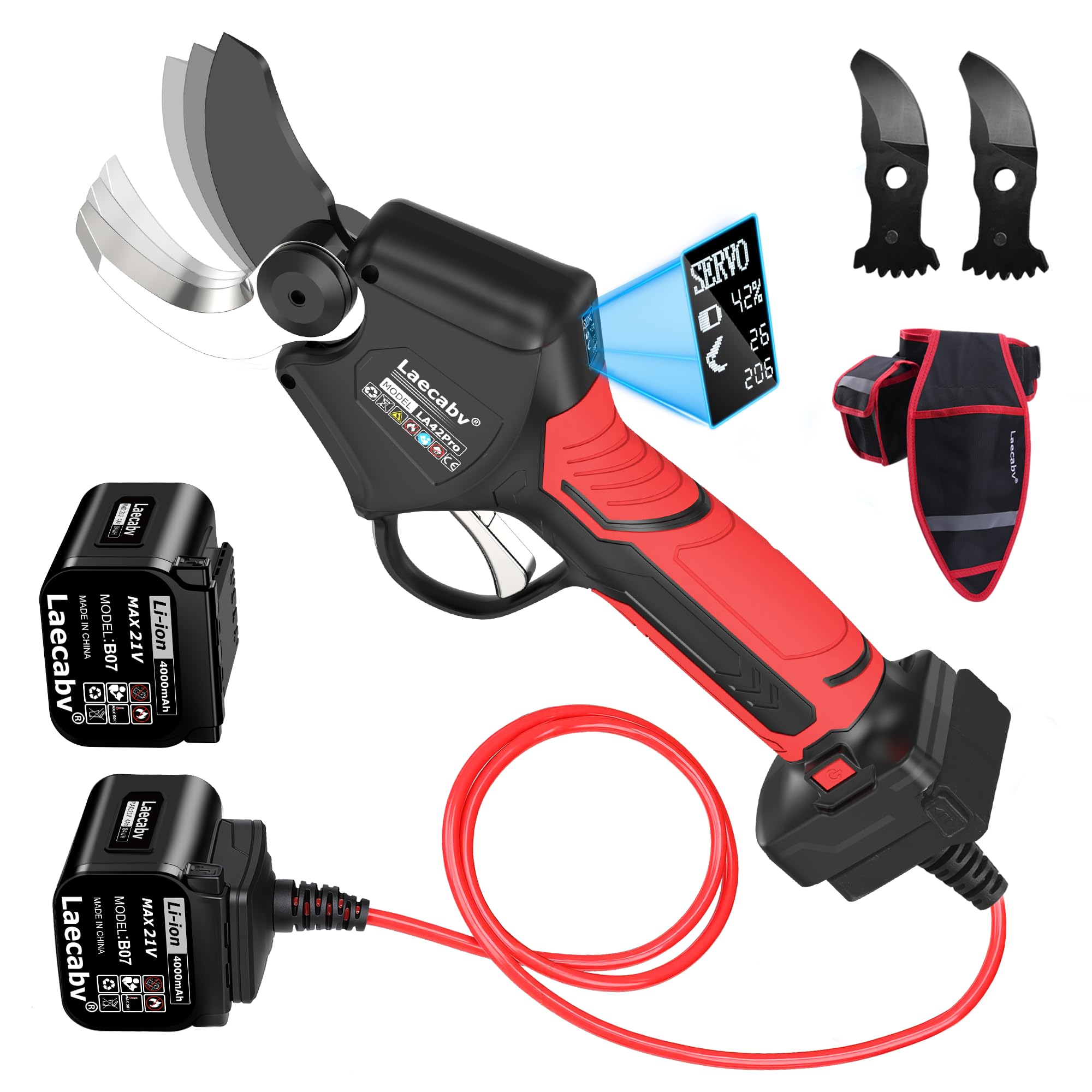 Laecabv 42mm Tijeras de Podar Eléctricas 21V 1150W Profesional Tijeras de Podar Bateria, 2X4000mAh Baterías,Pantalla LCD, Corte Progresivo Viñas (LA42Pro)