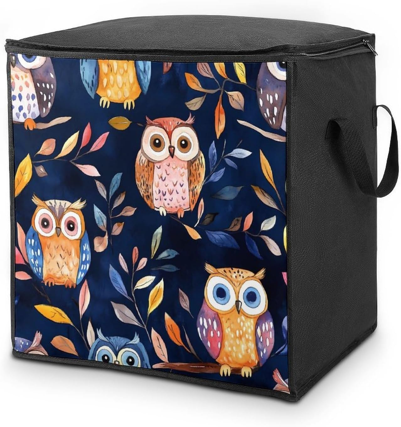 Colorful Owls And Leaves Large Comforter Blanket Storage Bags Bins 70L Closet Organizer with Handles