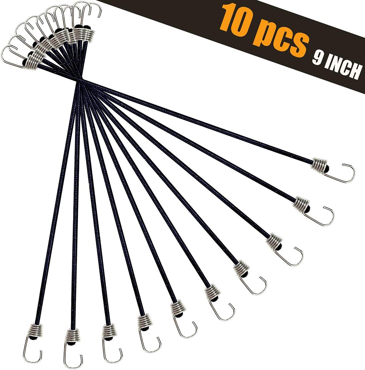 10 Pack Mini Bungee Cords with Hooks, 9 Inch Rubber Stretchy Bungee Cords with Carabiner Hooks for Camping, Tools, Tarps (Black) - - 