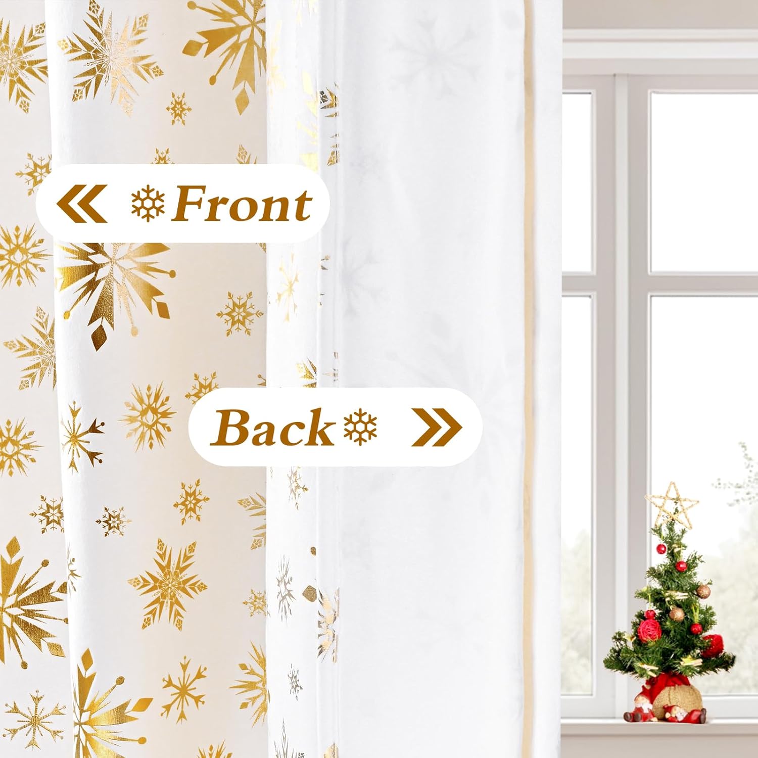 ASPMIZ Christmas Curtains for Living Room, Gold Snowflake Foil Print Curtain, Velvet Blackout Curains for Bedroom, Christmas Drapes 84 Inch Length 2 Panels Set, Thermal Insulated Grommet Curtain White