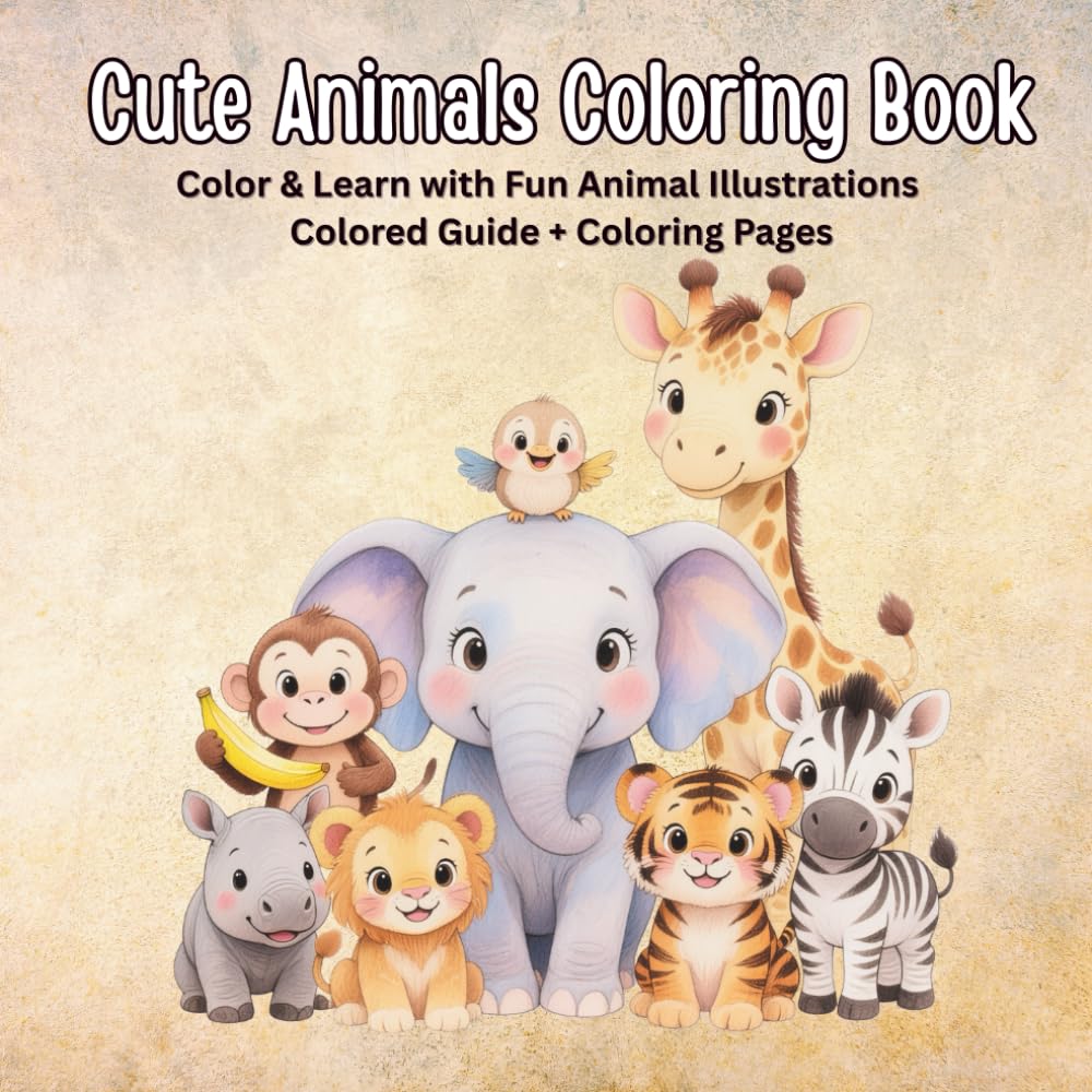 Cute Animals Coloring Book for kids ages 4-8: Color & Learn with Fun Animal Illustrations | Colored Guide + Coloring Pages