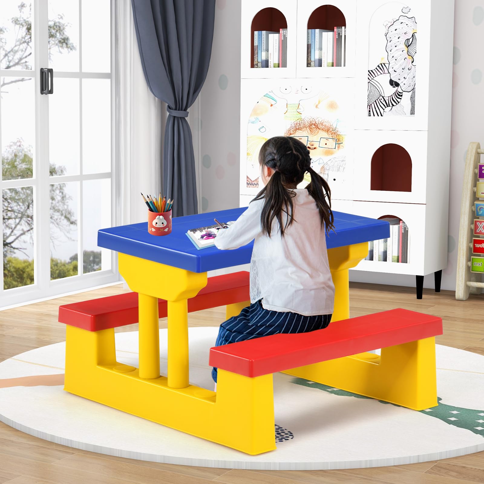 DREAMADE Table de Pique-Nique Enfant avec Parasol Amovible,Table Exterieur Enfants avec Banc,Matériau PP,pour Jardin,Terrasse,Patio,Balcon,67X41X47CM (Rouge + Jaune + Bleu)