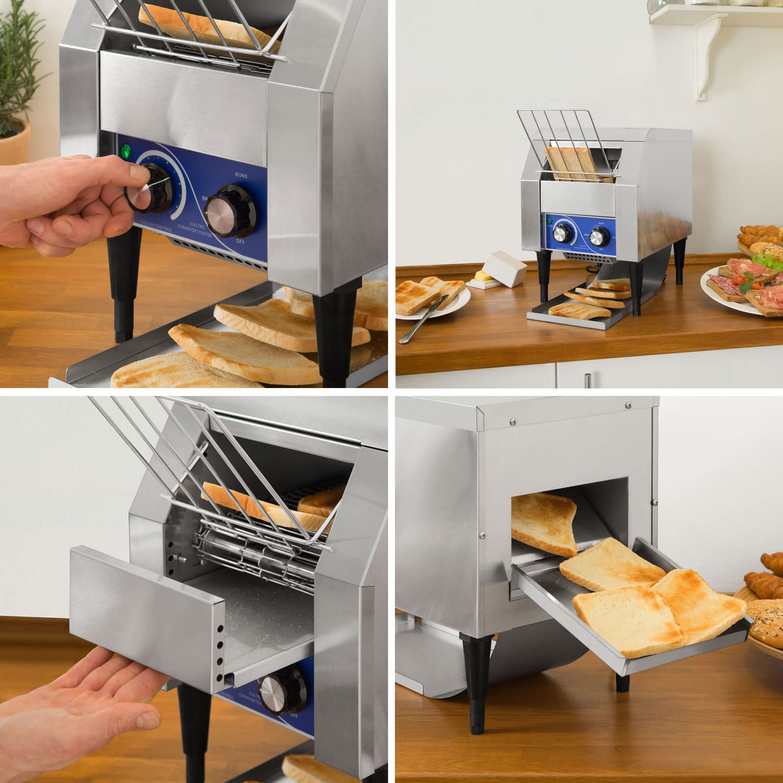 VERTES Tostapane Continuo con Nastro Trasportatore in Acciaio Inox (1340W, 230V, Gastro Profi per Toast e Panini per Hamburger, Scomparto Aggiuntivo, 2 Scomparti di Uscita, 7 Impostazioni di Velocità)