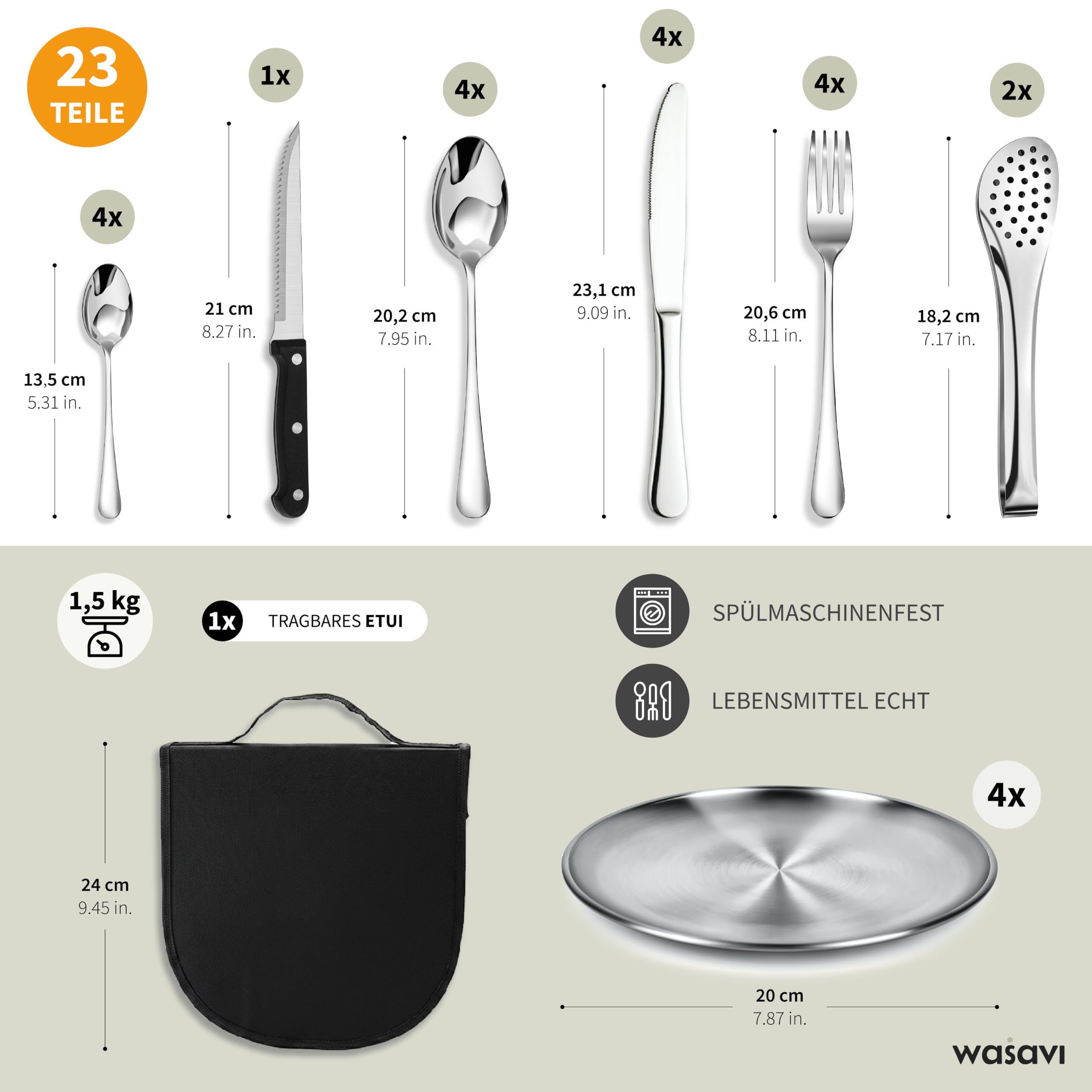 Camping Geschirr Set für 4 Personen – Besteckset mit Edelstahltellern, Gabeln, Messern und Löffeln – Tragbares Besteck für Outdoor, Picknick, Wohnmobil und Grillen. [23-teilig/Inkl. 4 Teelöffel]