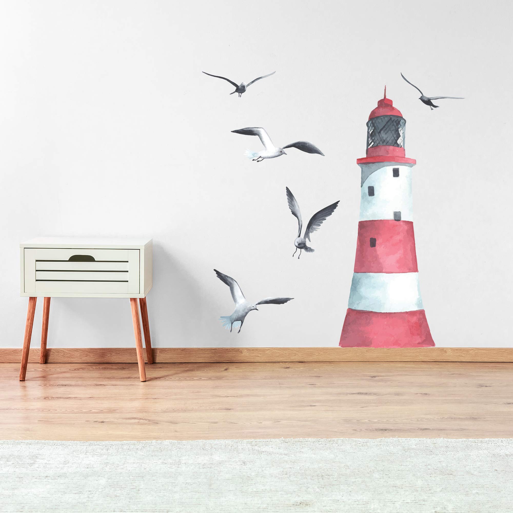 Beautiful Game Blue Light House And Seagulls Wall Sticker Ocean Decal Art Bathroom Mural Vinyl Sea (90Cm Height X 50Cm Width)