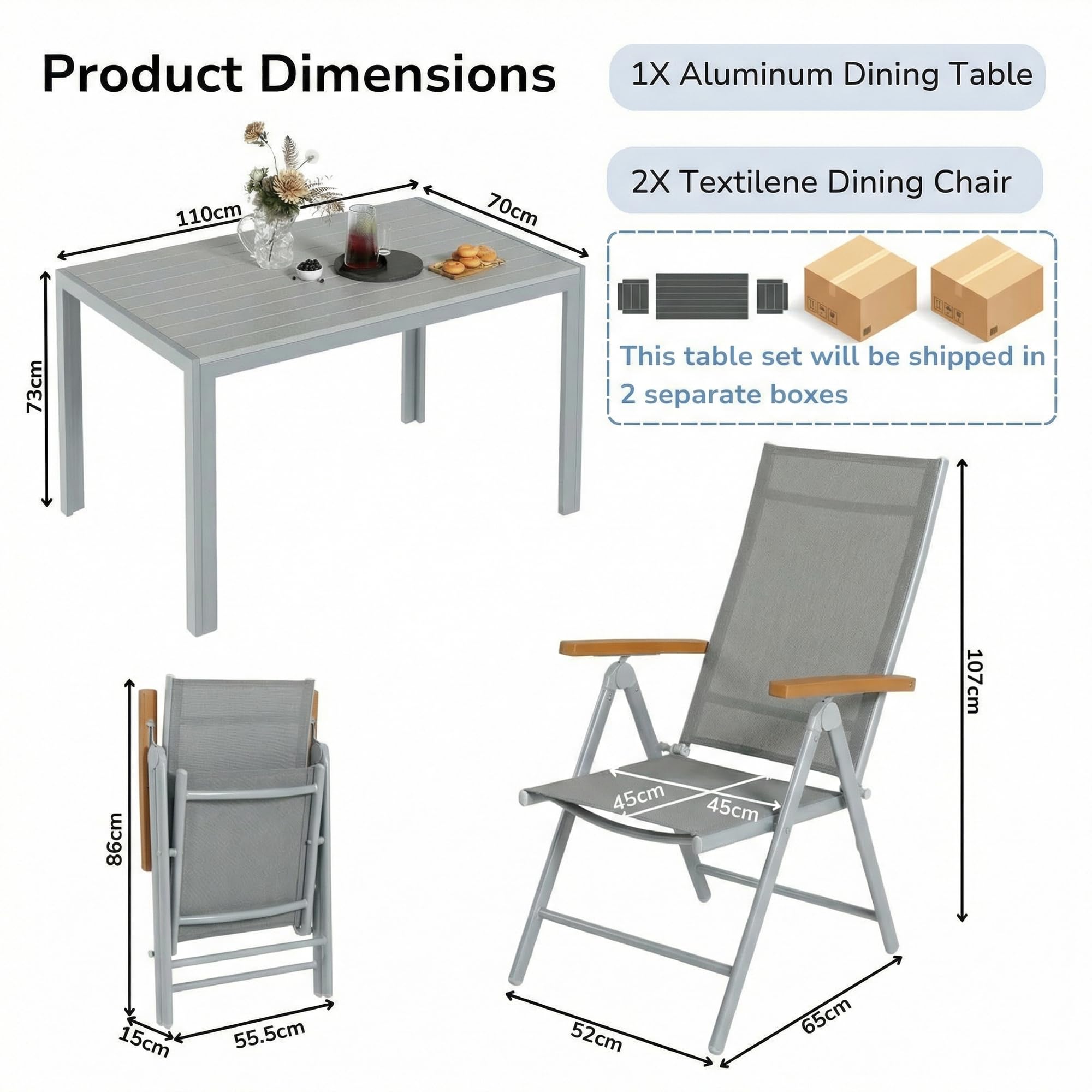 LIFERUN Juego de Muebles de Jardín 3 Piezas Aluminio, Mesa WPC 110x70 cm + 2 Sillas Plegables con Respaldo Alto, Muebles de Exterior Resistentes a la Intemperie para Terraza y Balcón,Gris Completo