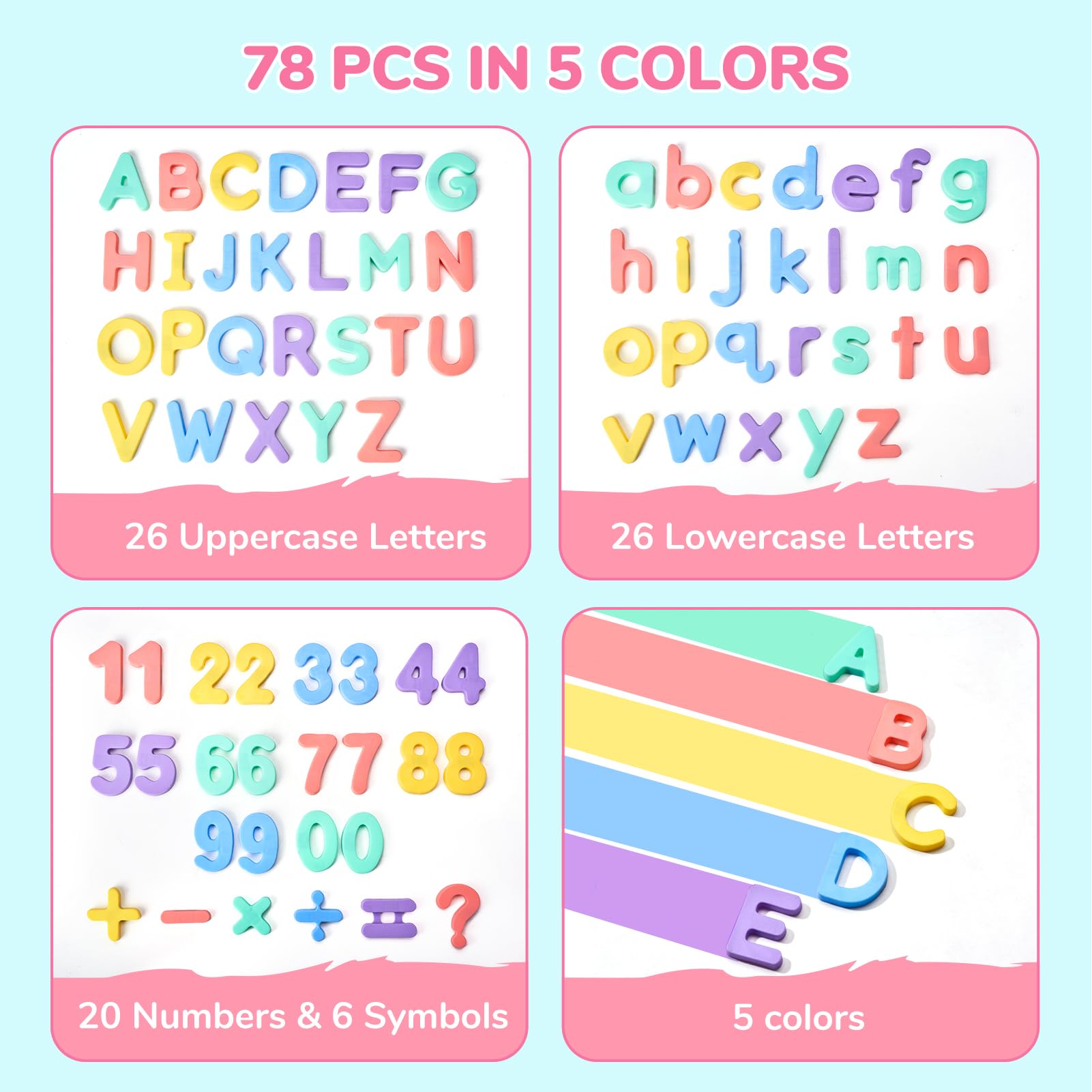 JoyCat Magnetic Letters and Numbers, ABC 123 Alphabet Fridge Magnets for Toddlers & Kids, Preschool Educational Learning Plastic Refrigerator Toy Set, Uppercase & Lowercase, Math Symbols (78 PCS)