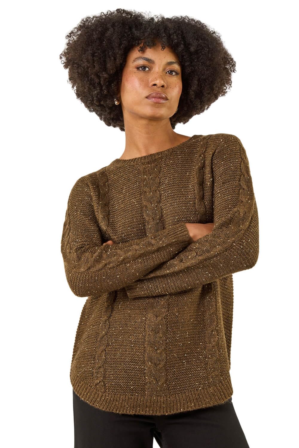 Roman Originals Women's Brown Speckled Cable Knit Jumper For Uk - Everyday Autumn Winter Crew Neckline Comfy Soft Evening Vacation Work Party Night Out - Size 14