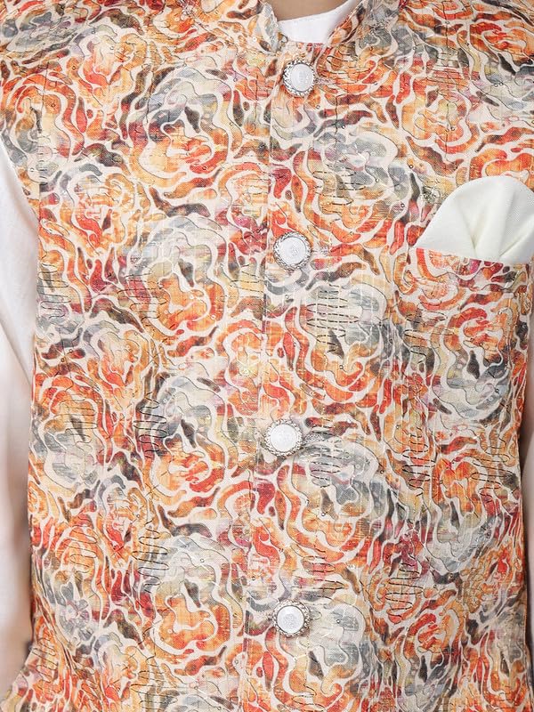 Image of superminis Boys Cotton Printed Full Sleeves Kurta Pyjama with Jacket Ethnic Wear Set