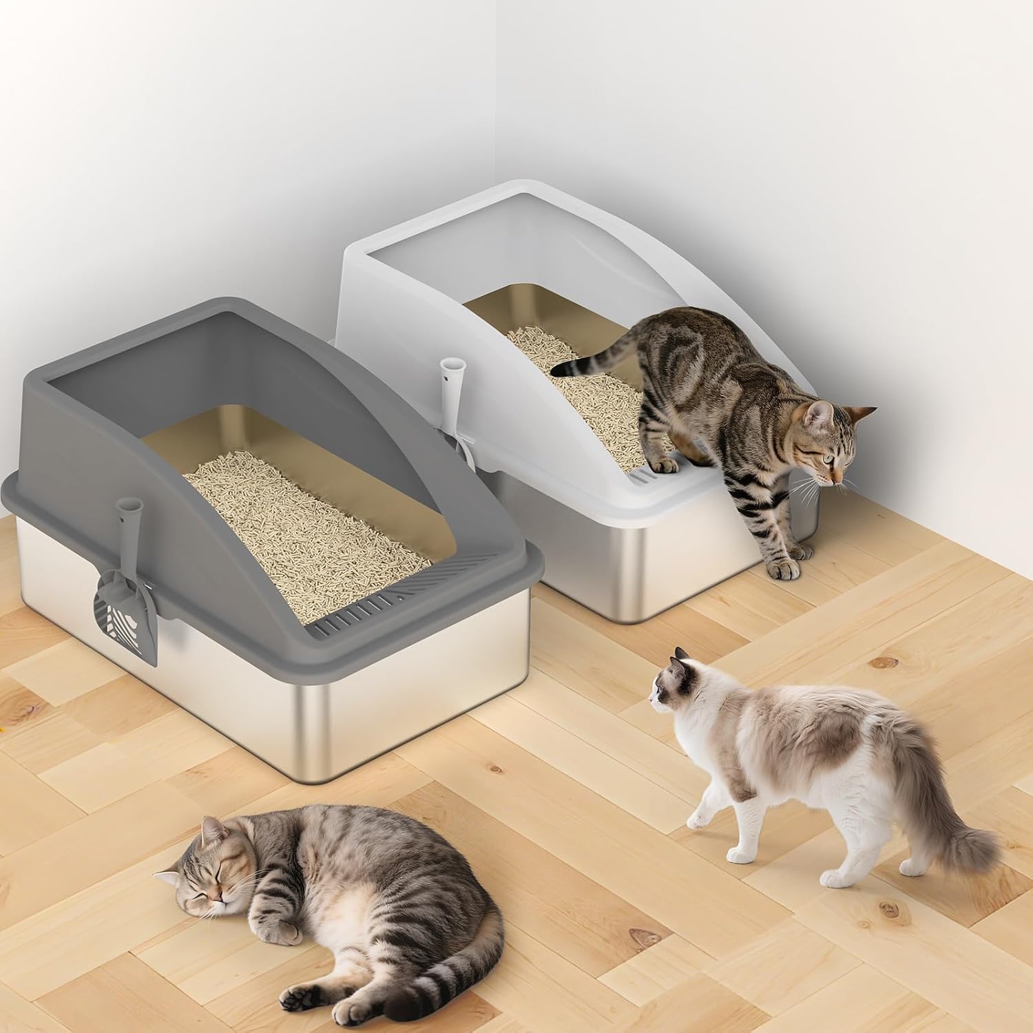 AIPERRO 2 Pack Stainless Steel Litter Box | XL Enclosed Cat Litter Boxes with Lid for Big Cats and Multi-Cats | High Sided, Anti-Urine Leakage | Non-Stick Bottom（Multi-Colored）