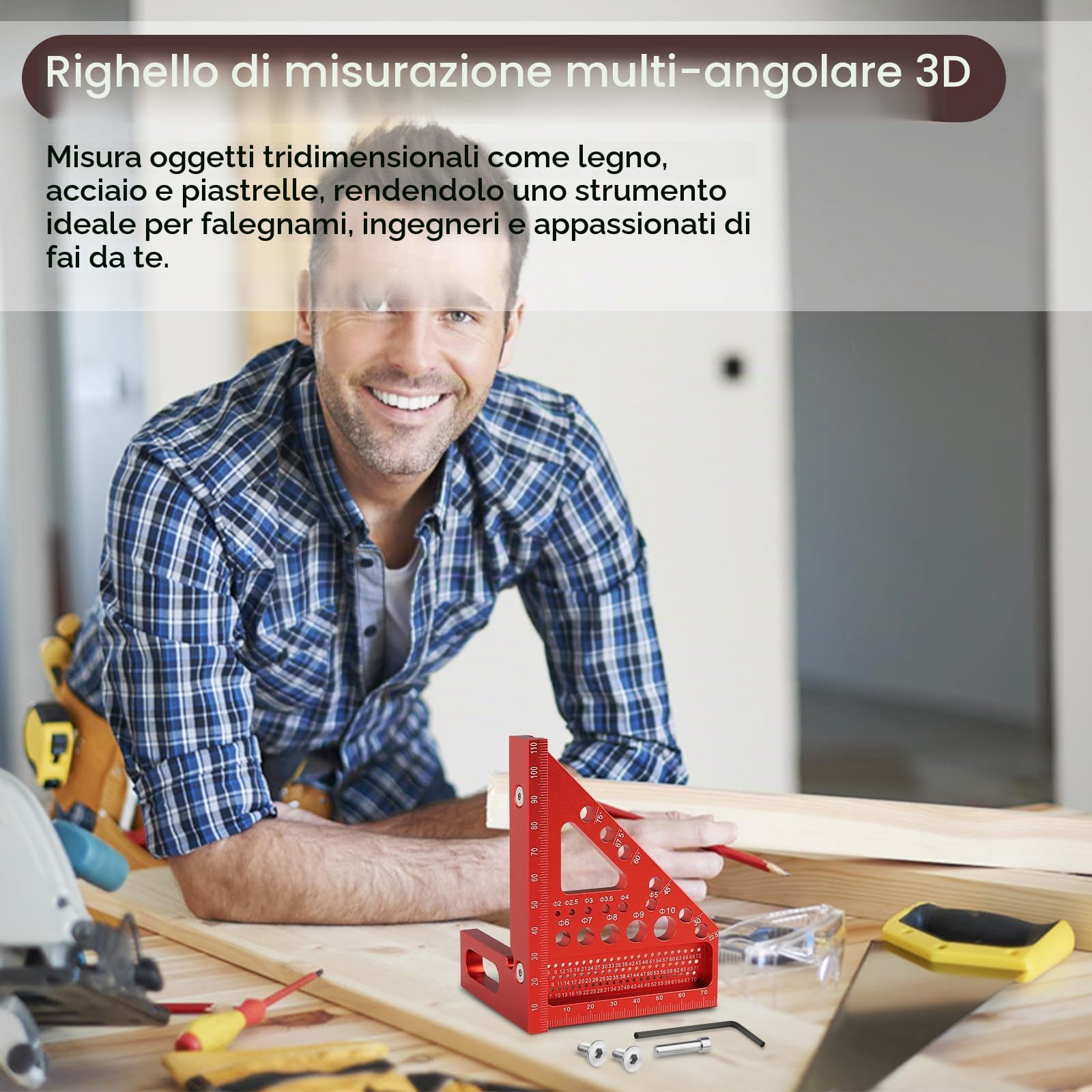3D Squadra da Falegname con Perni Nascosti, Squadretta Falegname per Carpentiere, Squadra Combinata Multifunzione, 22.5-90°Squadra da Carpentiere in Alluminio per falegname, Ingegnere, ecc