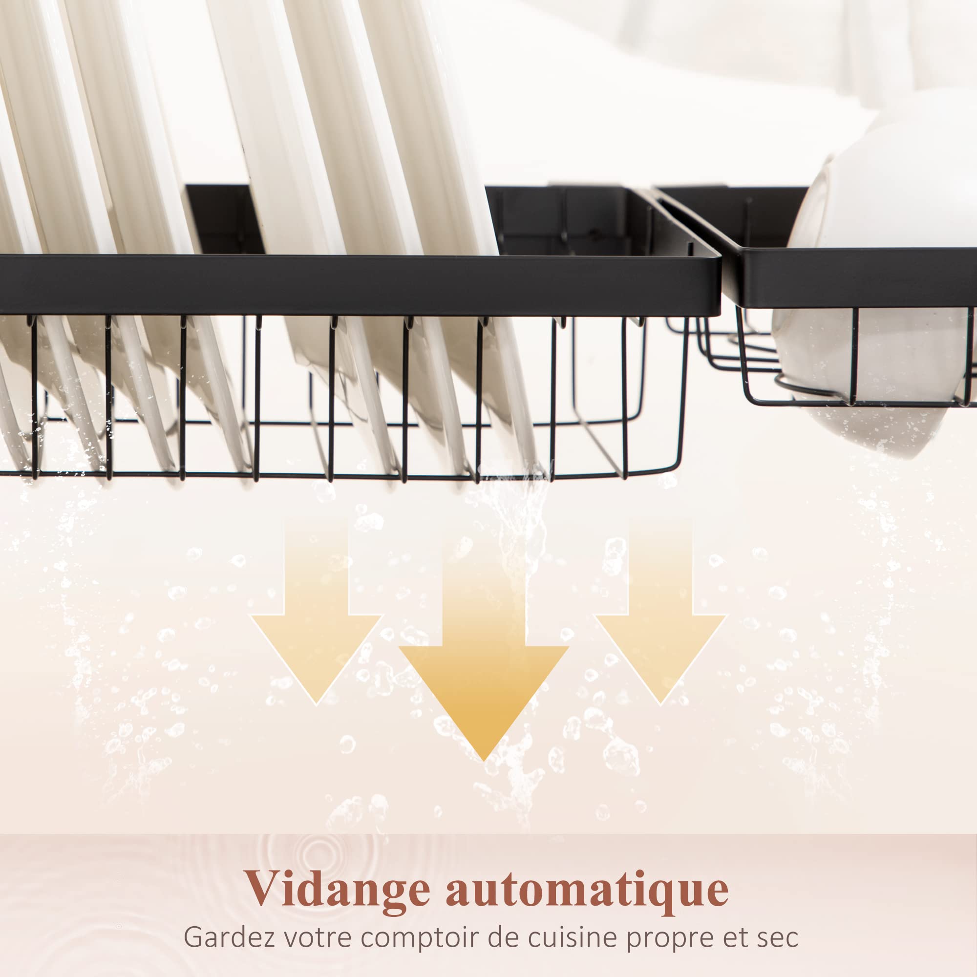 HOMCOM Égouttoir à vaiselle Vaisselle Au-Dessus Évier 93x30x52,5 cm Noir | séchoir à vaiselle 2 Niveaux, Porte-Couteau, Support Planche à Découper, Rangement Organisateur Cuisine, Acier