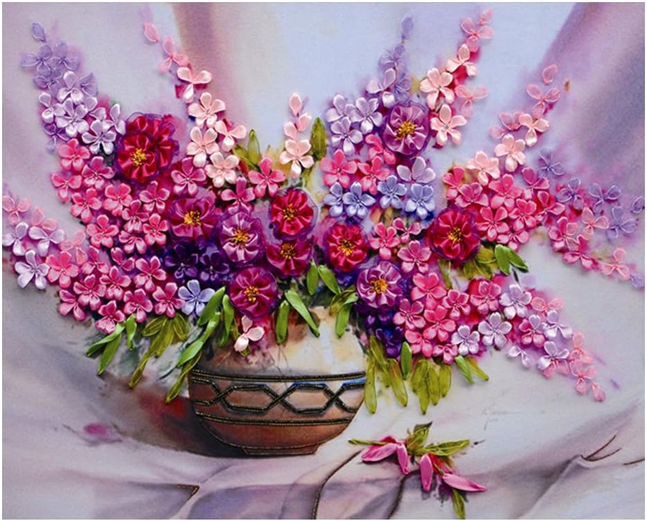 Heart sea art Garden Flowers In A Vase Silk Ribbon Wall Art 3D Stereoscopic Stamped Silk Ribbon Embroidery Paintings(Finished)