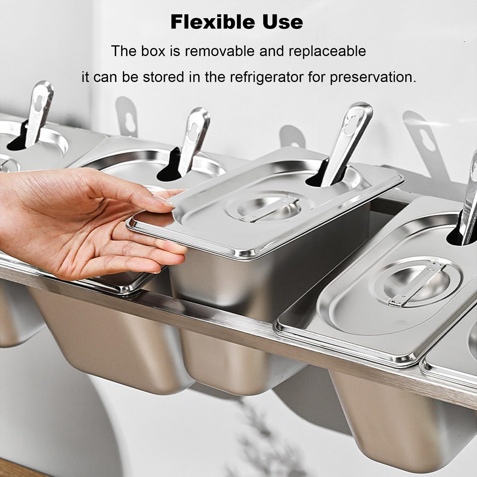 Boîte épices murale gain de place amovible rangement, bocaux épices inox couvercle cuillère, bac gastro inox set pots pour restauration/cuisine, bacs GN, access pizza(6 Grids)