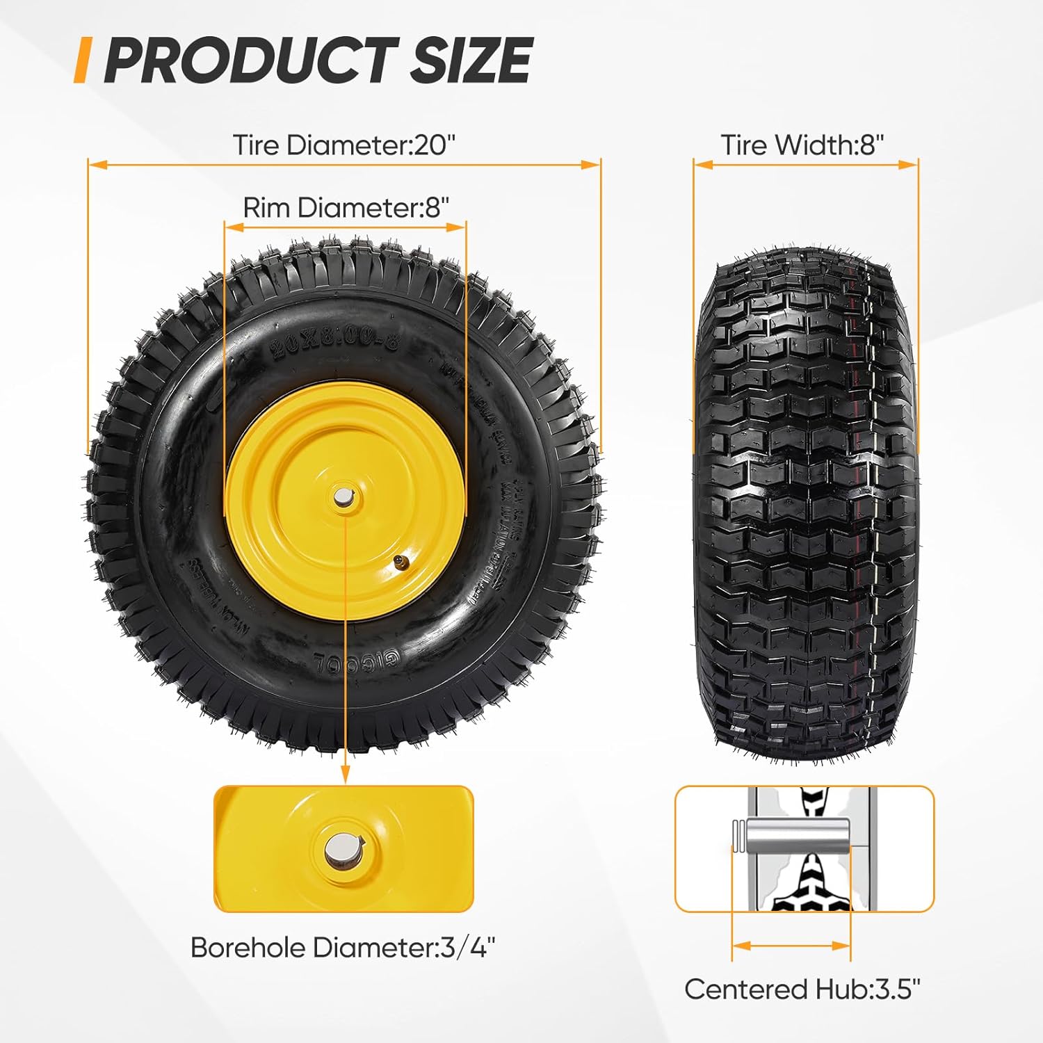 20x8.00-8 Rear Tire and Wheel Assemblies,4 Ply Tubeless Tire Compatible for Riding Lawn Mowers, 3/4" Borehole, 3.5" Offset Hub and 3/16" Keyway, 905lbs Capacity, 2 Pack