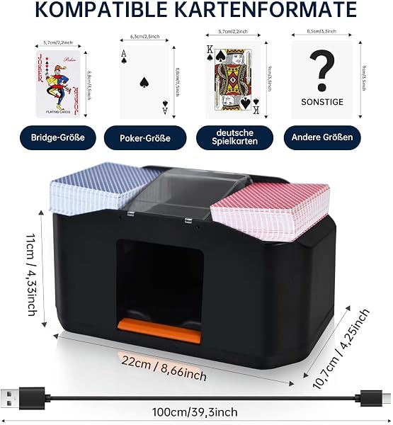 QUICARD Geräuscharmer und wiederaufladbarer Kartenmischer für 2 Kartensätze, 2000 mAh, automatischer elektrischer Mischer für Kartenspiele, Texas Hold'em, Poker, Heimkartenspiele, Blackjack - 2