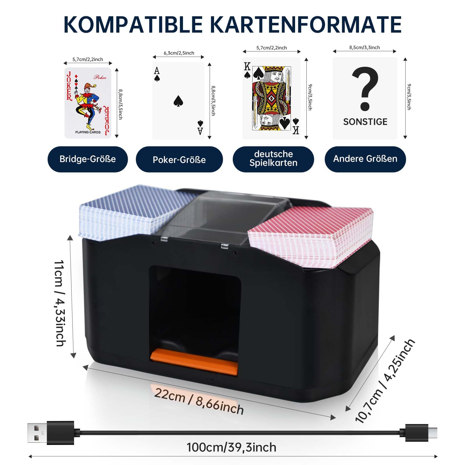 Geräuscharmer und wiederaufladbarer Kartenmischer für 2 Kartensätze, 2000 mAh, automatischer elektrischer Mischer für Kartenspiele, Texas Hold'em, Poker, Heimkartenspiele, Blackjack