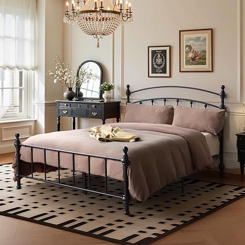 Miniatura 9 de Base de cama de plataforma de metal con cabecera arqueada, marcos de cama resistentes y resistentes, columna romana de lujo retro, fácil montaje, no