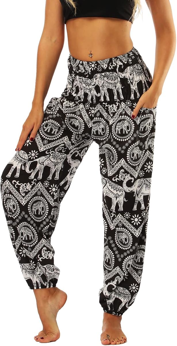Lu's Chic Women's Boho Pants Harem Smocked Waist Yoga Hippie Palazzo Summer Beach Pants