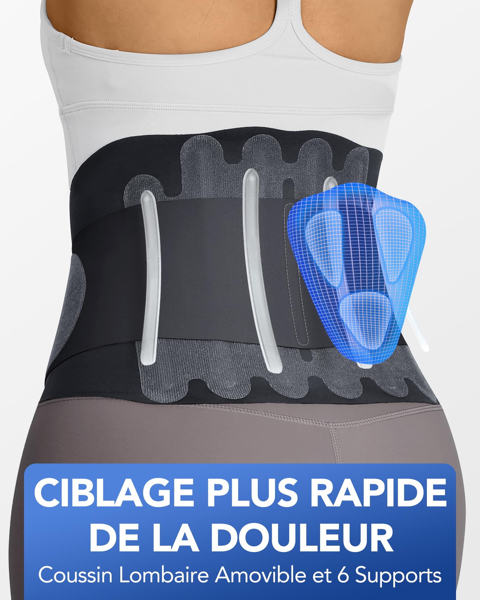Fitomo Ceinture Lombaire, Ceinture de Soutien Lombaire avec Coussin 3D et 6 Attelles, Tissu Ultra Fin 0,5 mm, Bande Lombaire Élastique pour Femme et Homme pour Travail, Sciatique, Posture, M