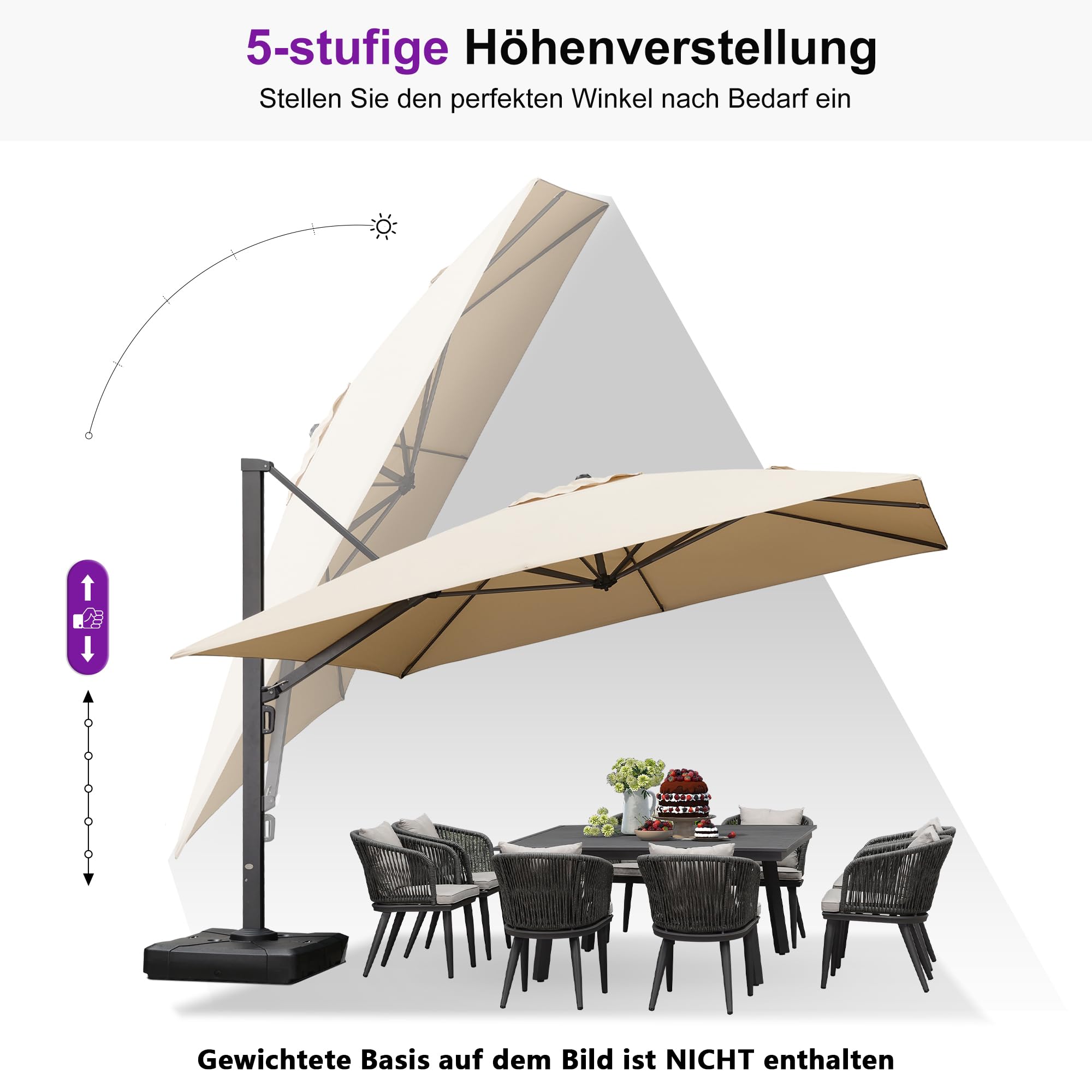 PURPLE LEAF Sonnenschirm 365 × 365 cm Eingebauter Griff Alu Groß Beige | Große Schattenzone, Verdickter Schirmmast, mehr Stabilität, 360° Flexibilität, Vielseitig Verstellbar, 240g/m² UV50+ Stoff