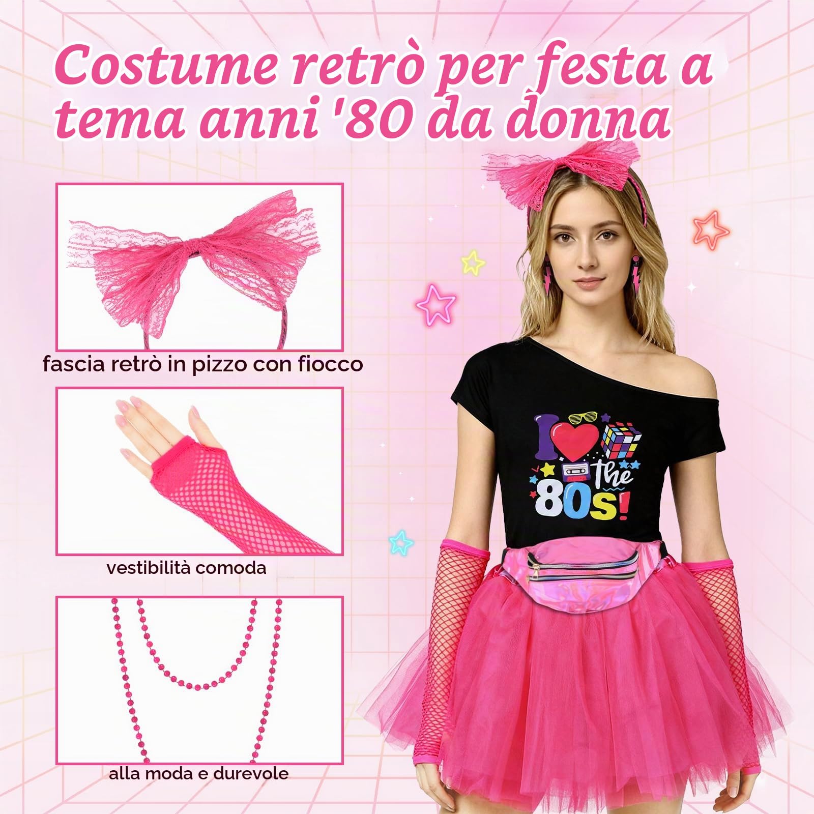 HuiJuKeJi Costume da Donna Anni '80 Accessori per Costume Retrò Anni '80 da Donna Abbigliamento Neon Magliette Feste a Tema Fluo Costume per Carnevale Accessori Retrò per Travestimento -L