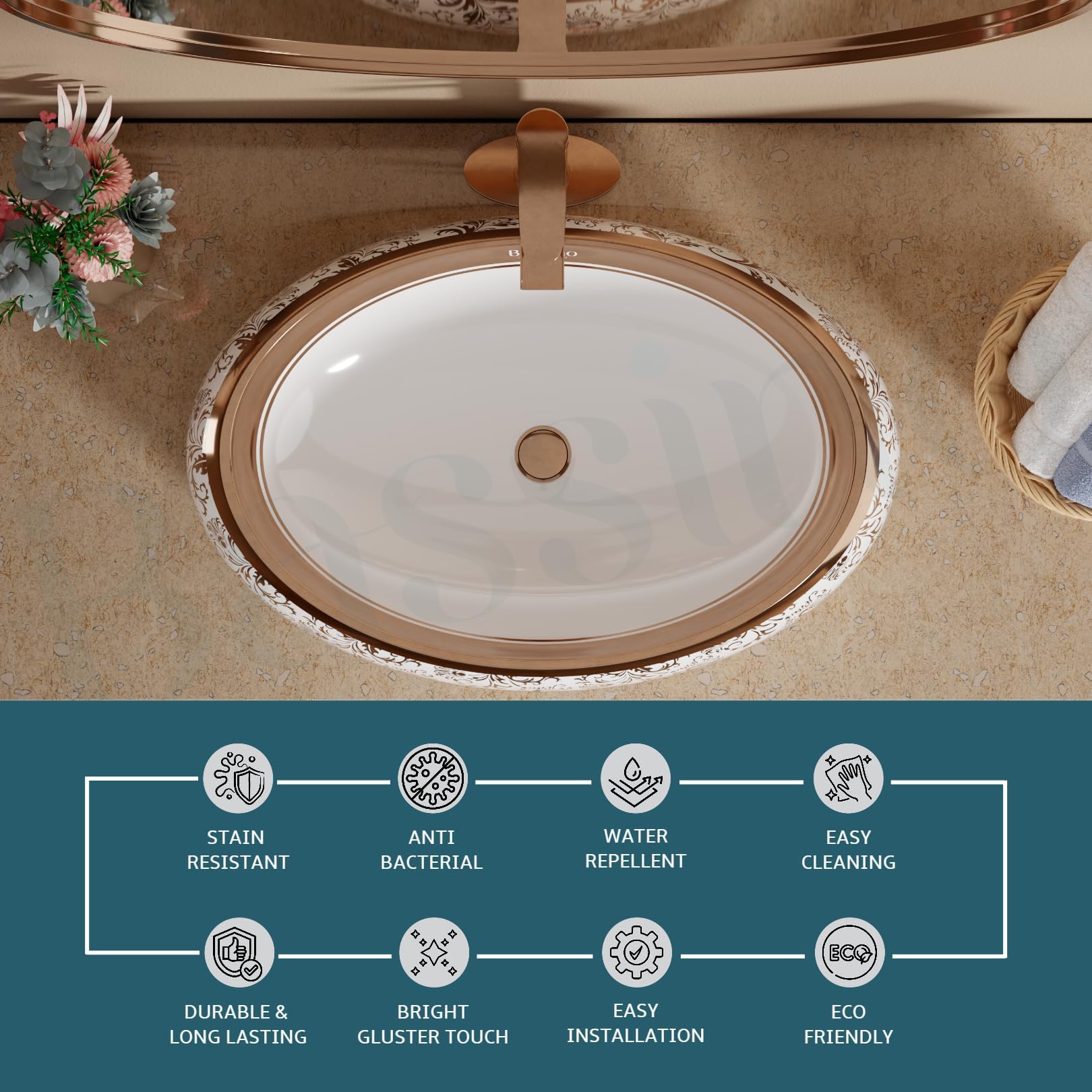 BASSINO Table Top Wash Basin - White & Rose Gold -6