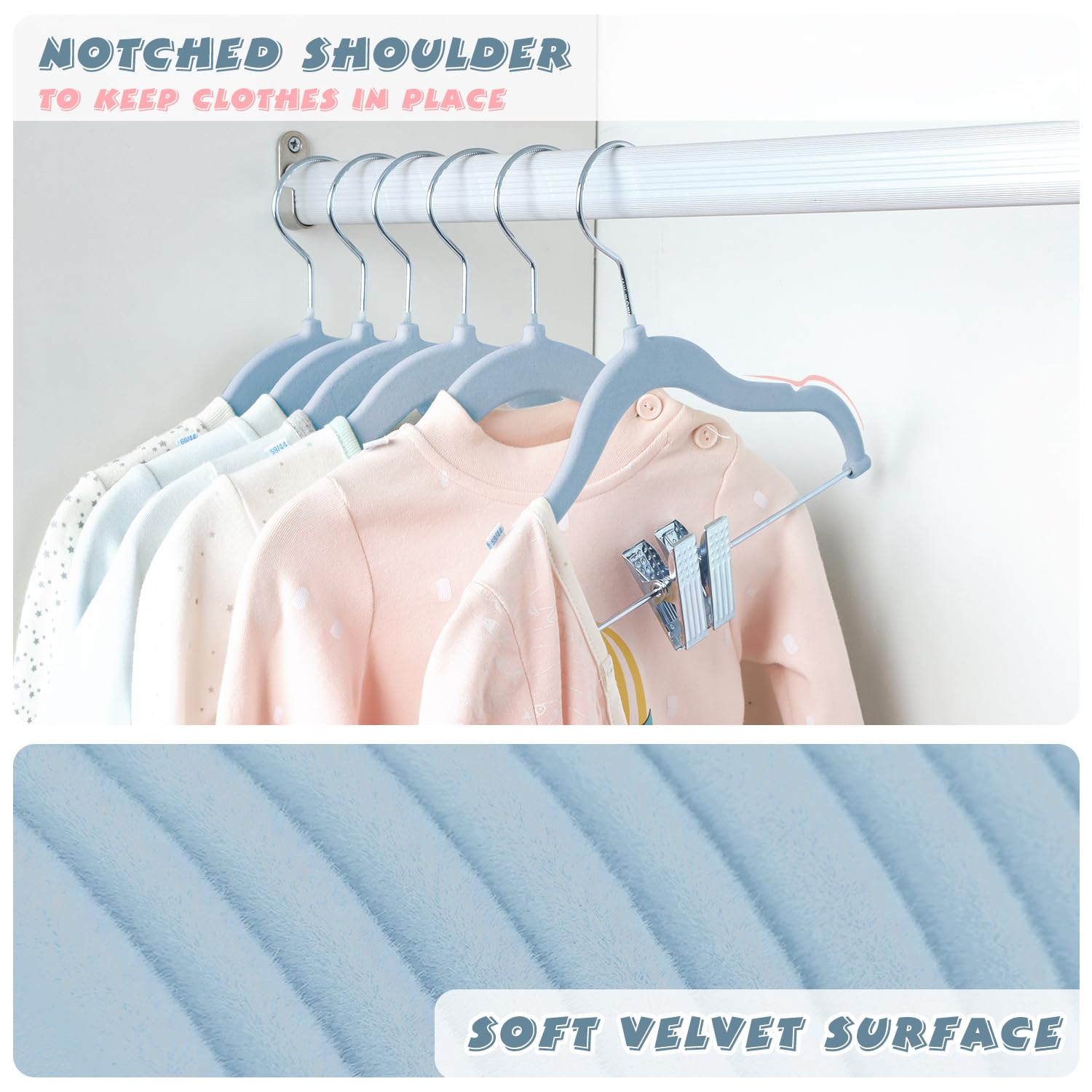 ManGotree Cintres en Velours 30cm pour Bébés avec Pinces Mobiles, Cintres Antidérapants pour Enfants, Cintre en Feutre Ultra-Minces et Peu Encombrants (16 Paquets, Bleu)