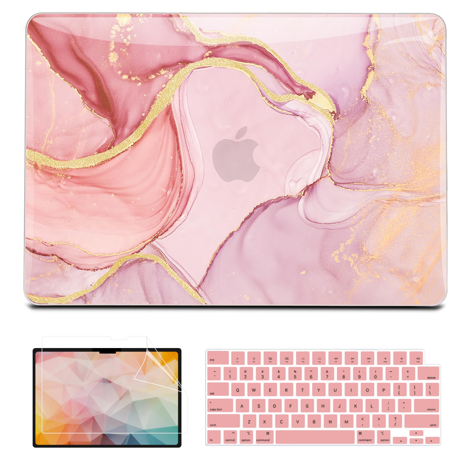 Compatible with MacBook Air 13 inch Case 2025 2024 2023 2022, A3113 A2681 MacBook Air 13.6" M2/M3 Case Retina Display, Laptop Plastic Hard Case + Keyboard&Screen Cover, Pink Gold Marble