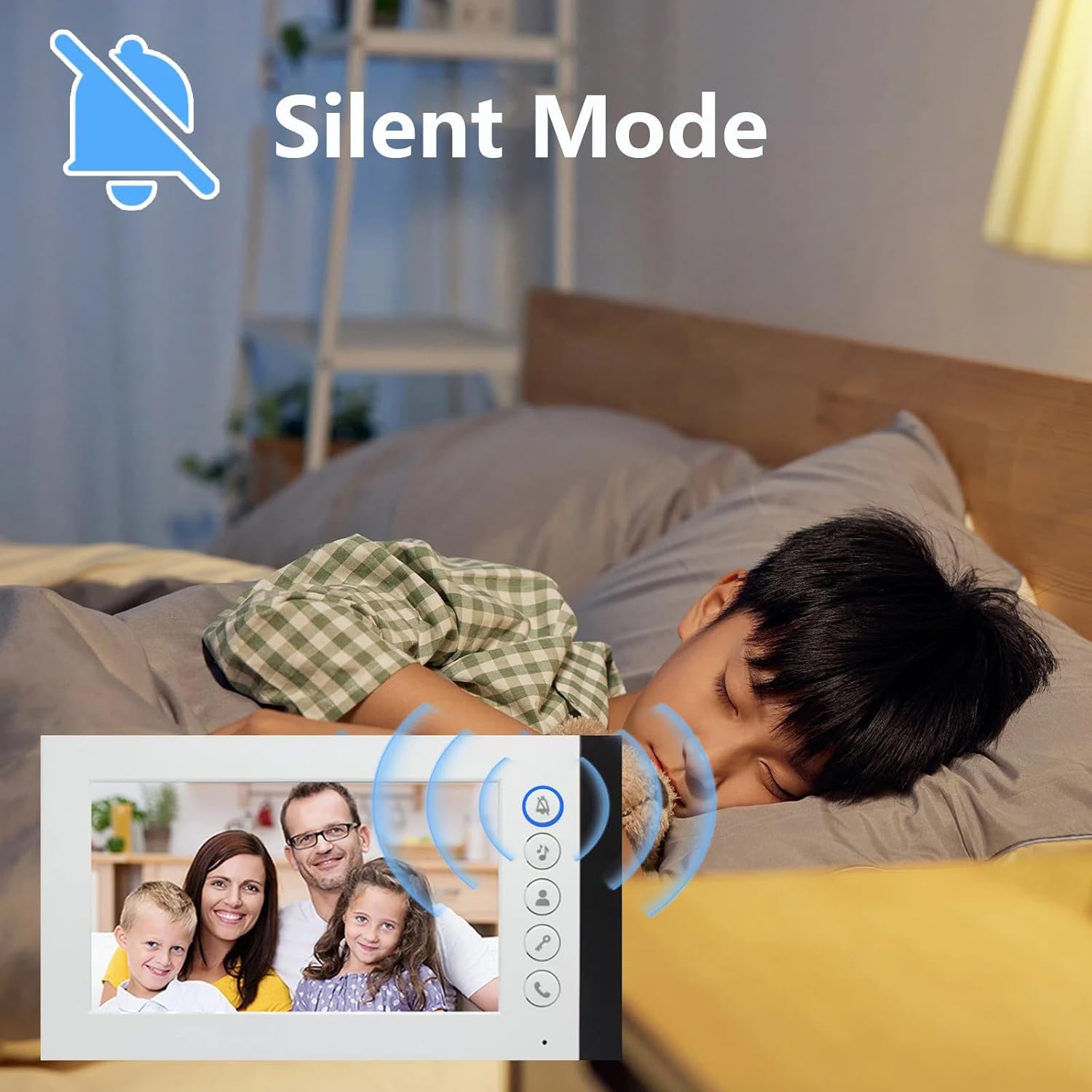Image showing an indoor monitor displaying a family, with a 'Silent Mode' icon and a person sleeping in the background, indicating the feature's purpose.
