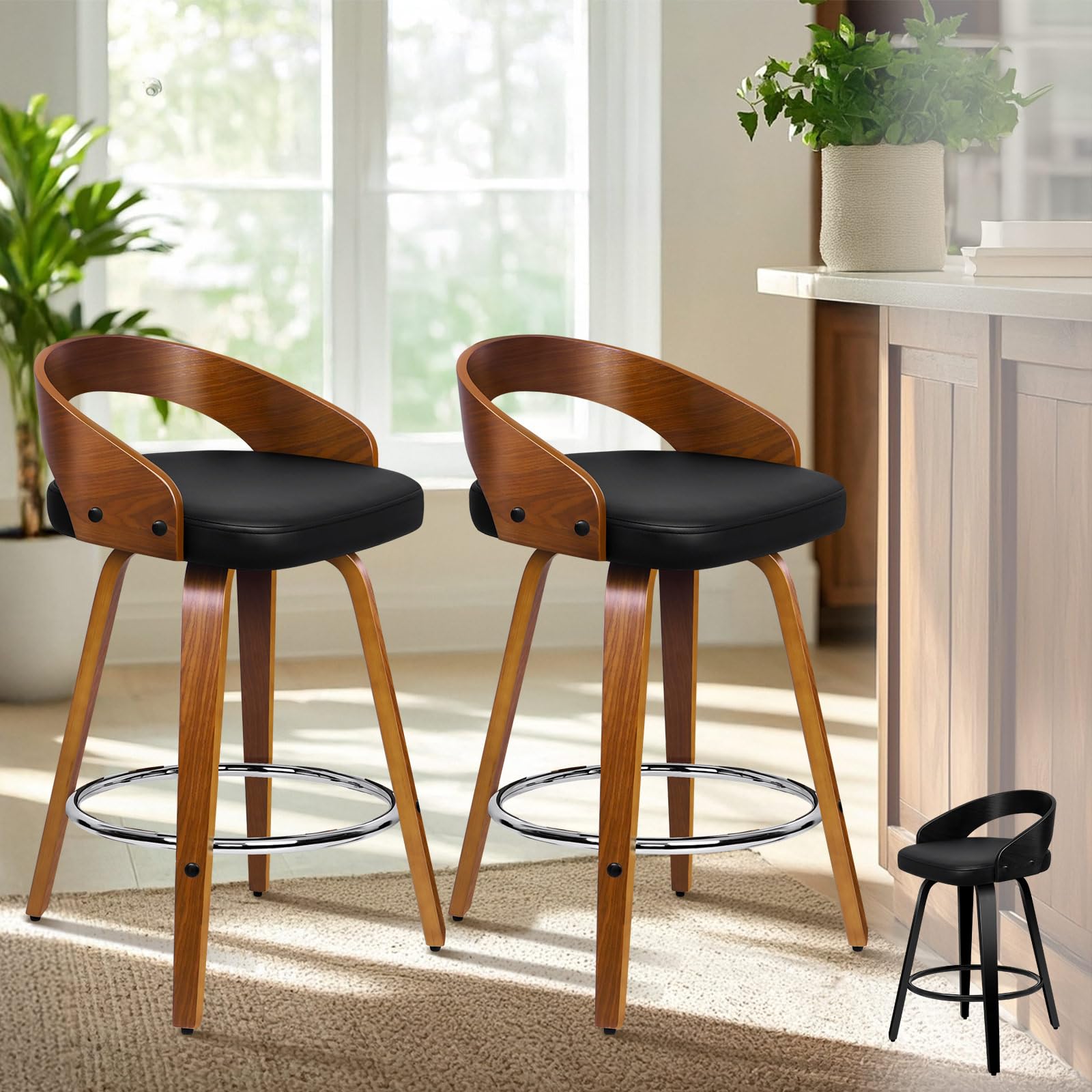ALFORDSON Bar Stools Set of 2, 360° Swivel Bentwood Barstools with Back & Footrest, 64CM Counter Height PU Leather Kitchen Chair for Breakfast Kitchen Island, Dining Room, Home Pub, Black & Brown — image 1