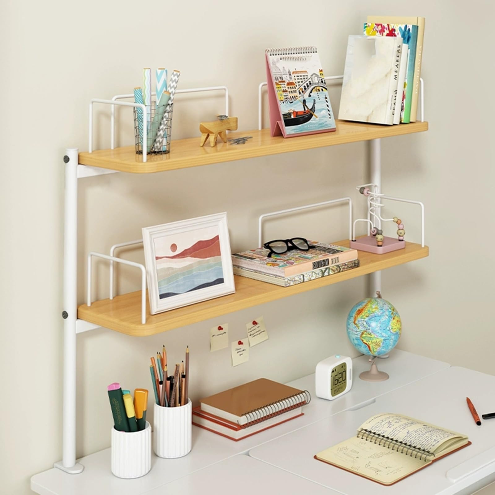 Organizer na półki na książki na biurko z 2 poziomami, wielofunkcyjny akcesoria biurowe, półka do przechowywania do organizacji biurowej, zacisk na design, żółty 100 cm