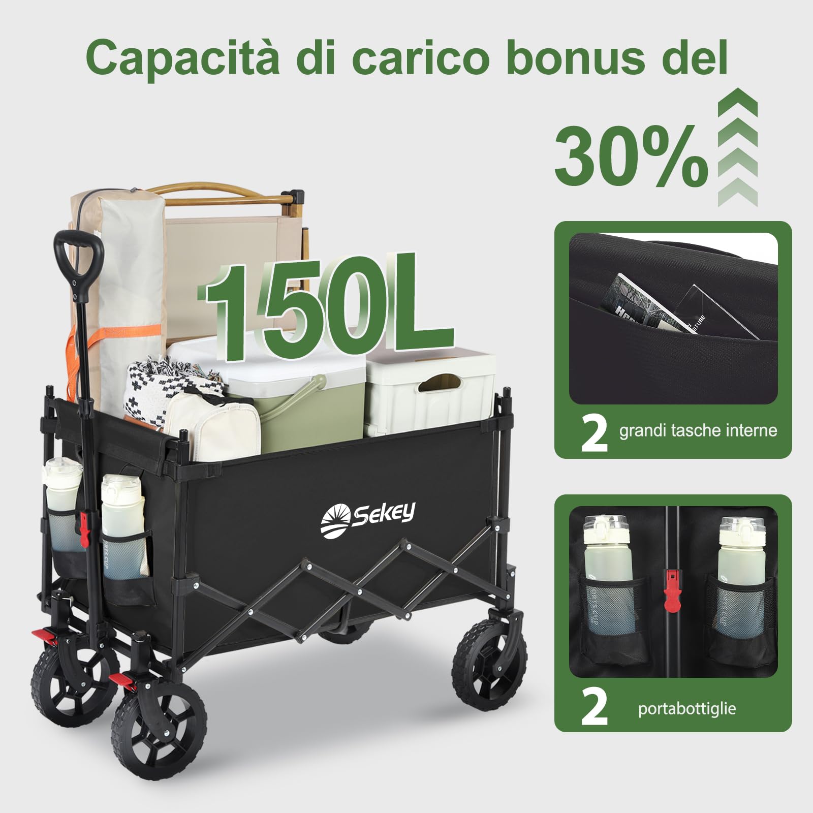 Sekey XXL Carrello Spiaggia con Tetto 150L 150KG, Carrello Pieghevole per Bambini, Carrelli Pieghevole con Ruote con Protezione Solare per Spiaggia Campeggio SE 4018, Nero