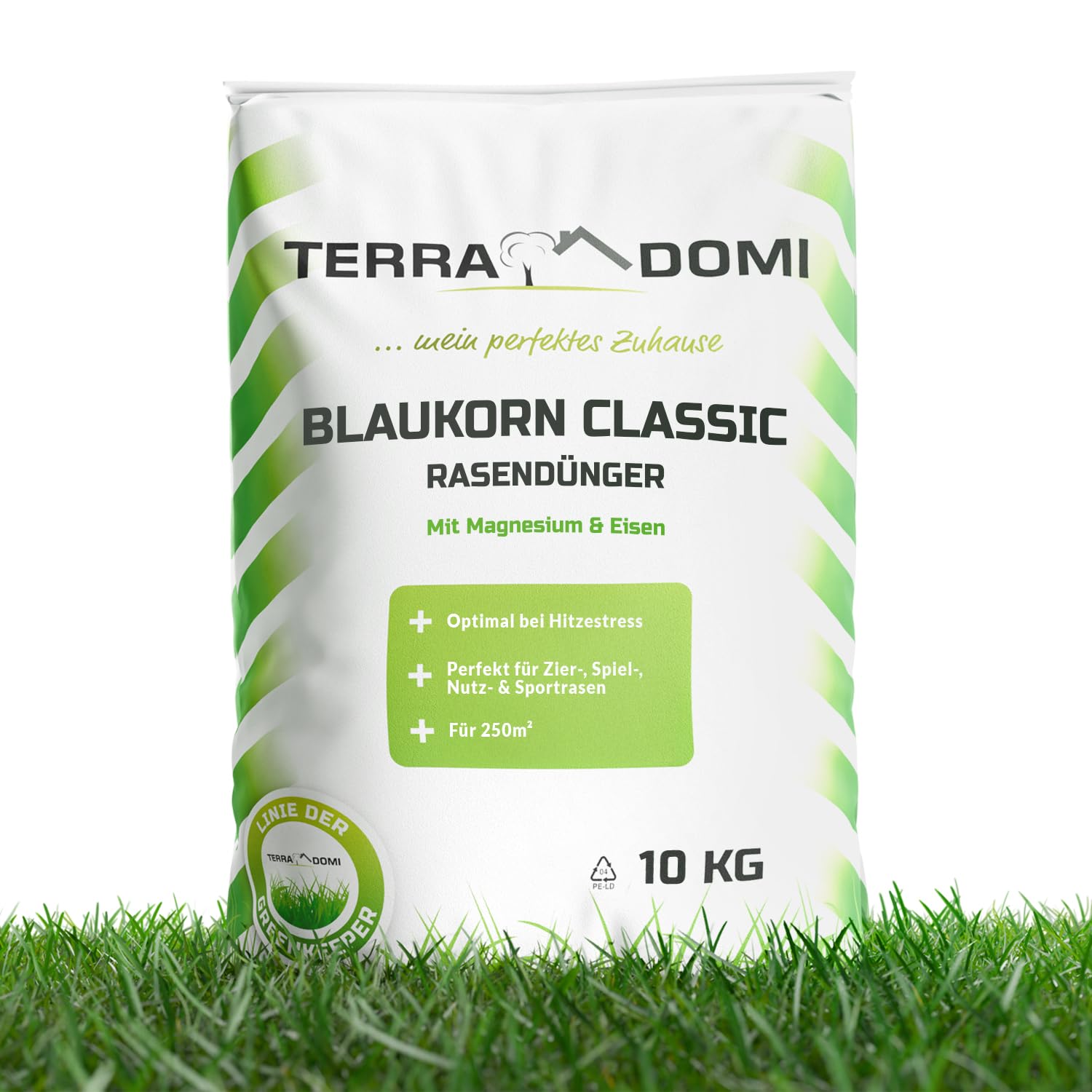 TerraDomi Blaukorn Dünger 10kg | Rasendünger Sommer mit Langzeitwirkung | Blaudünger optimal auch bei Hitzestress für einen gesunden Rasen | Volldünger & Universaldünger | 250m²