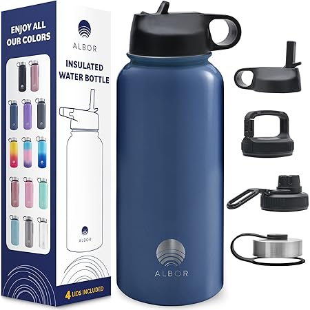 ALBOR Insulated Water Bottle with Straw, 32 Oz - 100% Leak-Proof with 4 Lids (2 Straw Lids) - Triple Insulated Stainless Steel Water Bottles, Reusable Water Bottle, Navy