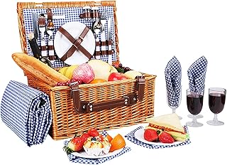 Ensemble Panier Pique-Nique 4 Personnes, Panier en Osier Fait Main, Panier Pique-Nique en Osier Couverture Pique-Nique Imperméable, Panier Multifonctions avec Couverts