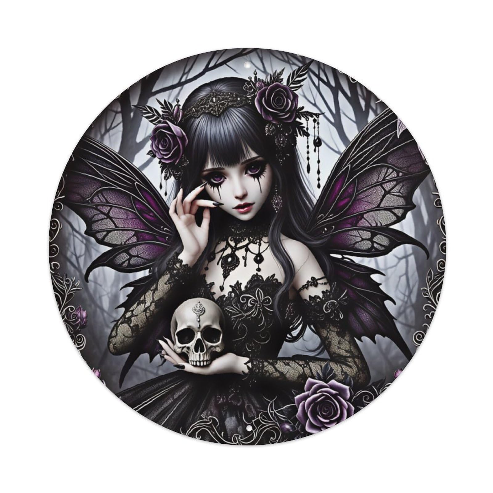 Ldfuieksufg Style Round Gothic Purple Rose Skull Dark Fairy Wall Sign Halloween Decor Vintage Aluminium Metal Sign, Retro Wall Decor For Home, Bar, Garage & Farmhouse 20X20cm