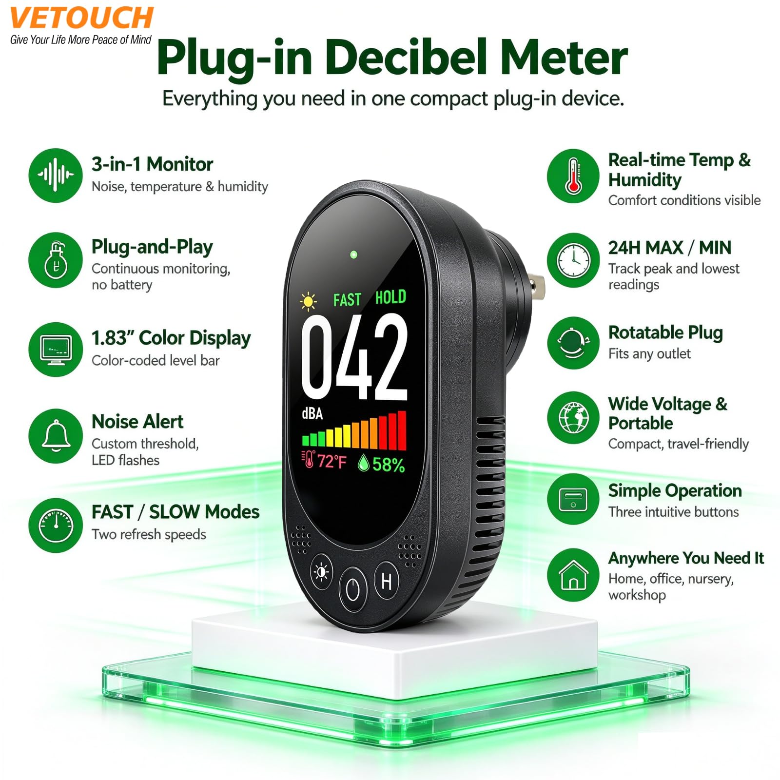 Decibel Meter, Plug-in Sound Level Meter, 3-in-1 Sound Decibel Meter & Noise Decibel Meter, Decibel Meter Sound Level Reader for Wall, Apartment, Classroom, RV & Home, 30-130dBA — Amazon image 3
