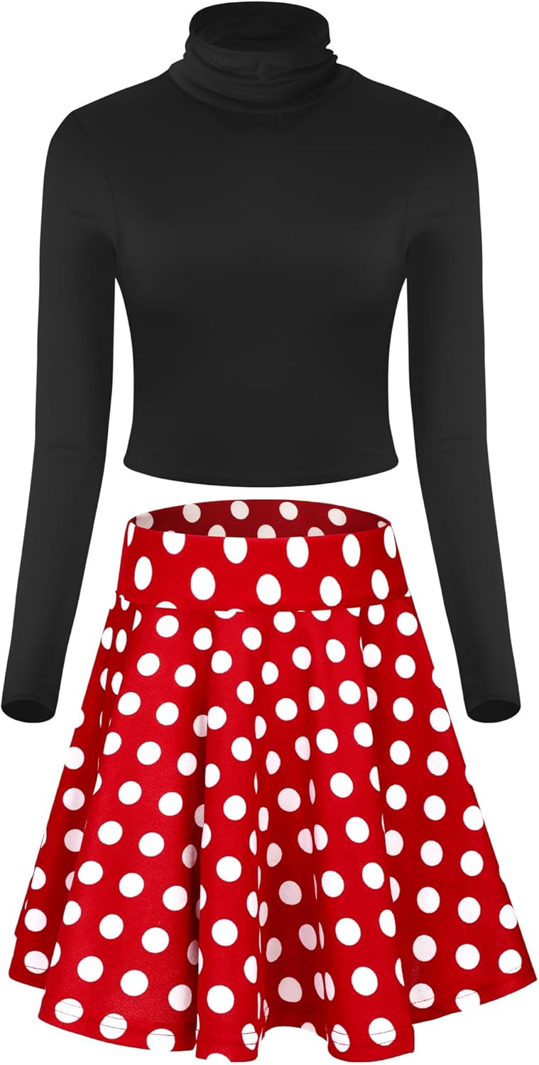 Shihanee Halloween Dress Women Costume Mock Neck Fitted Long Sleeve Shirt Mini Flared Casual Skater Skirt