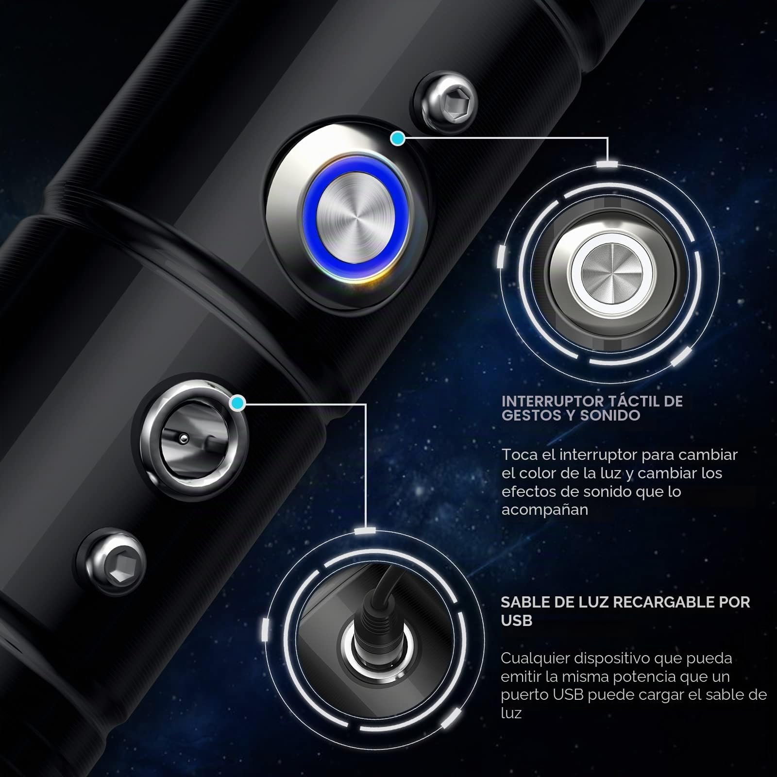 Sable de luz de doble hoja RGB 7 colores cambiables con sonido metal Hilt luz sable fuerza FX dueling sable de luz juguete para niños regalo (2pcs-negro)