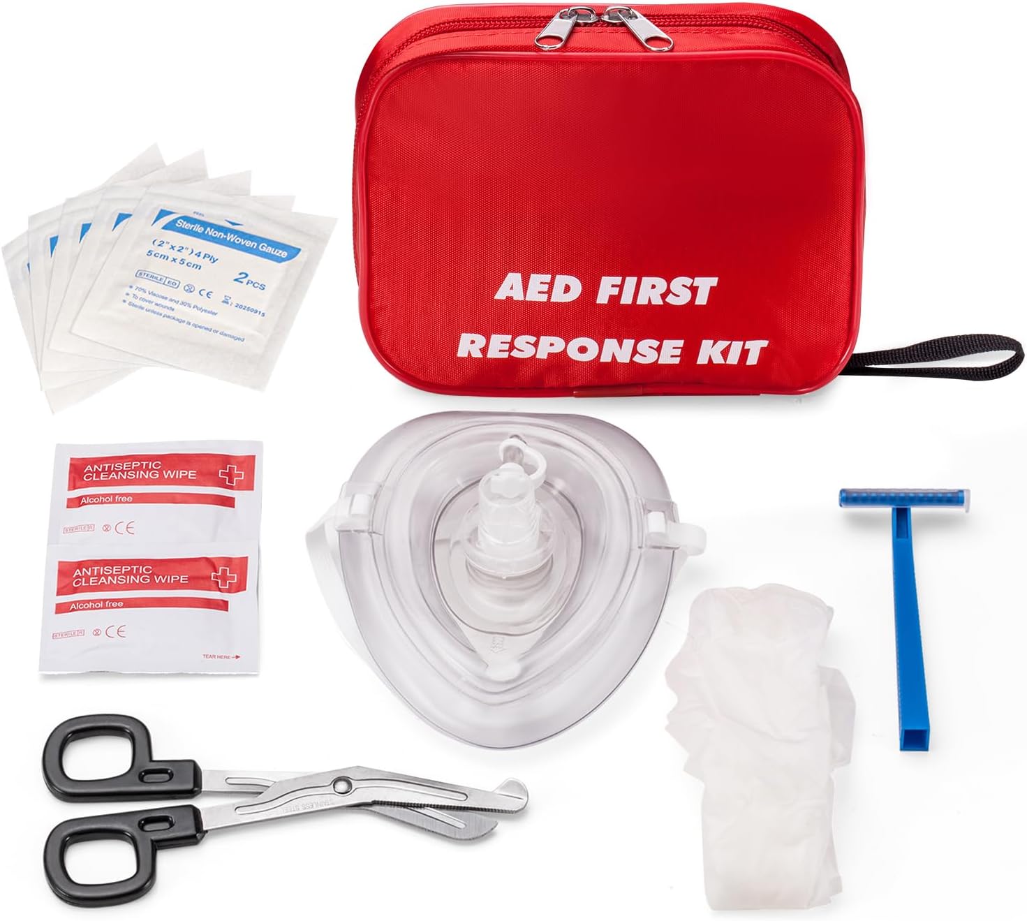 AED First Kit with CPR, Gloves, Razor, Scissors, Gauze Pads, and Cleansing Wipes for AED Training