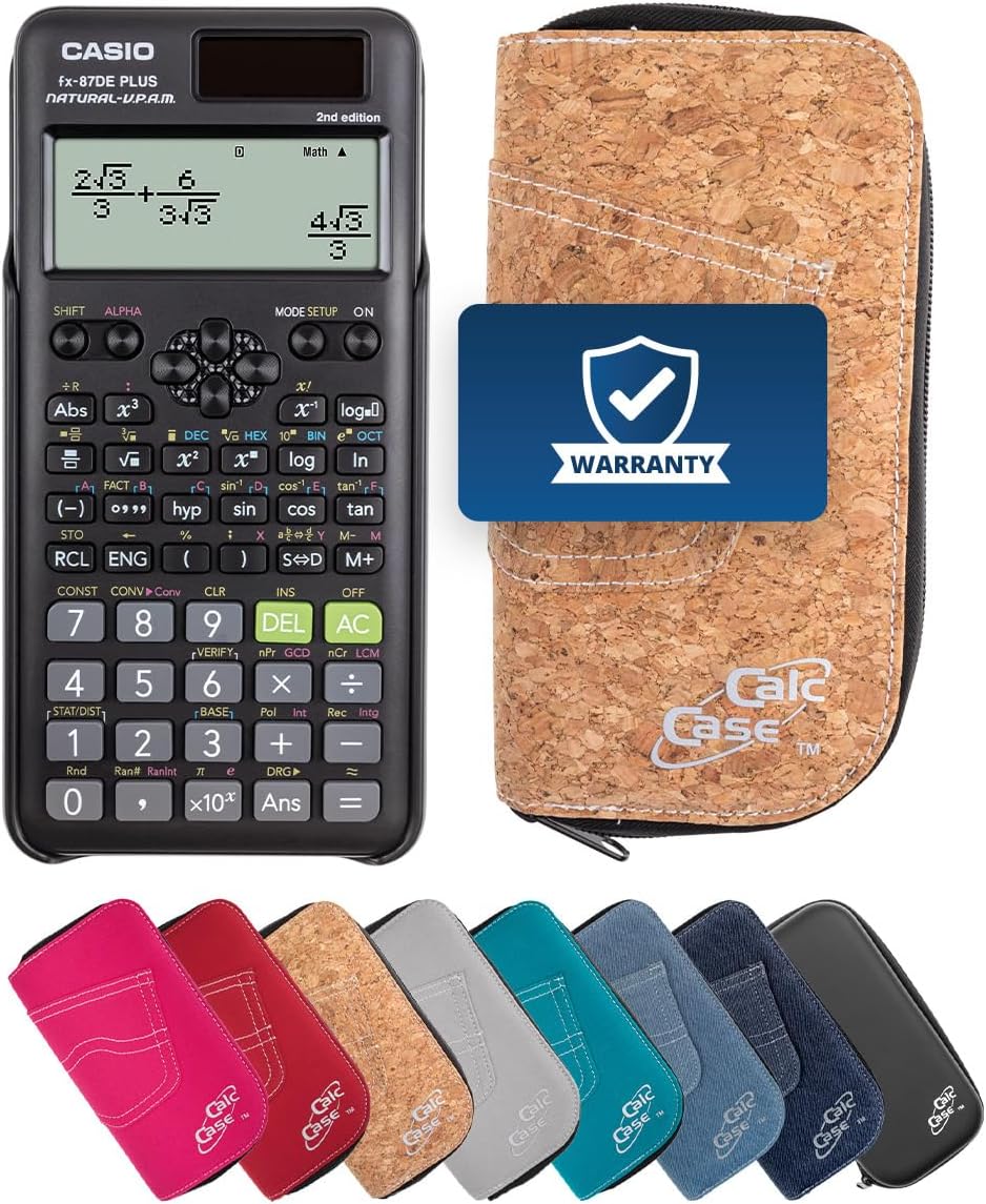 Casio FX-87 DE Plus 2nd School Calculator with CalcCase Protective Case - Scientific Calculator - Basic Set Cork
