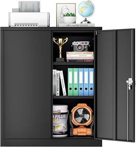 Armario de almacenamiento de garaje de 42 pulgadas, gabinete de almacenamiento de metal negro con puertas de bloqueo y estantes ajustables, gabinete