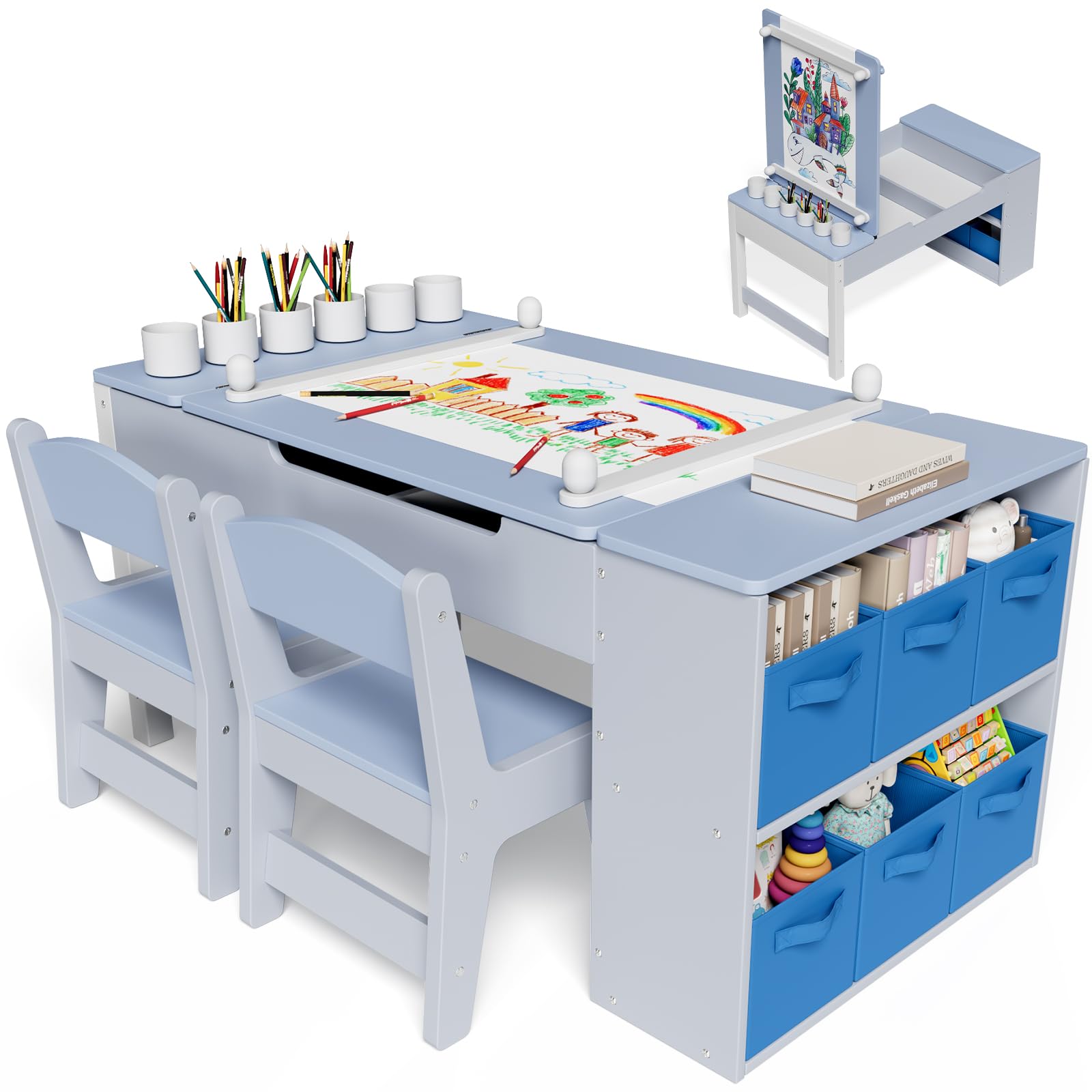 Clevich Kindertisch mit 2 Stühlen, Tisch-Stuhl Set Holz, Kindersitzgruppe mit Stauraum, Maltisch mit Papierrolle, Mal und Basteltisch für ab 3 Jahre (Blau)