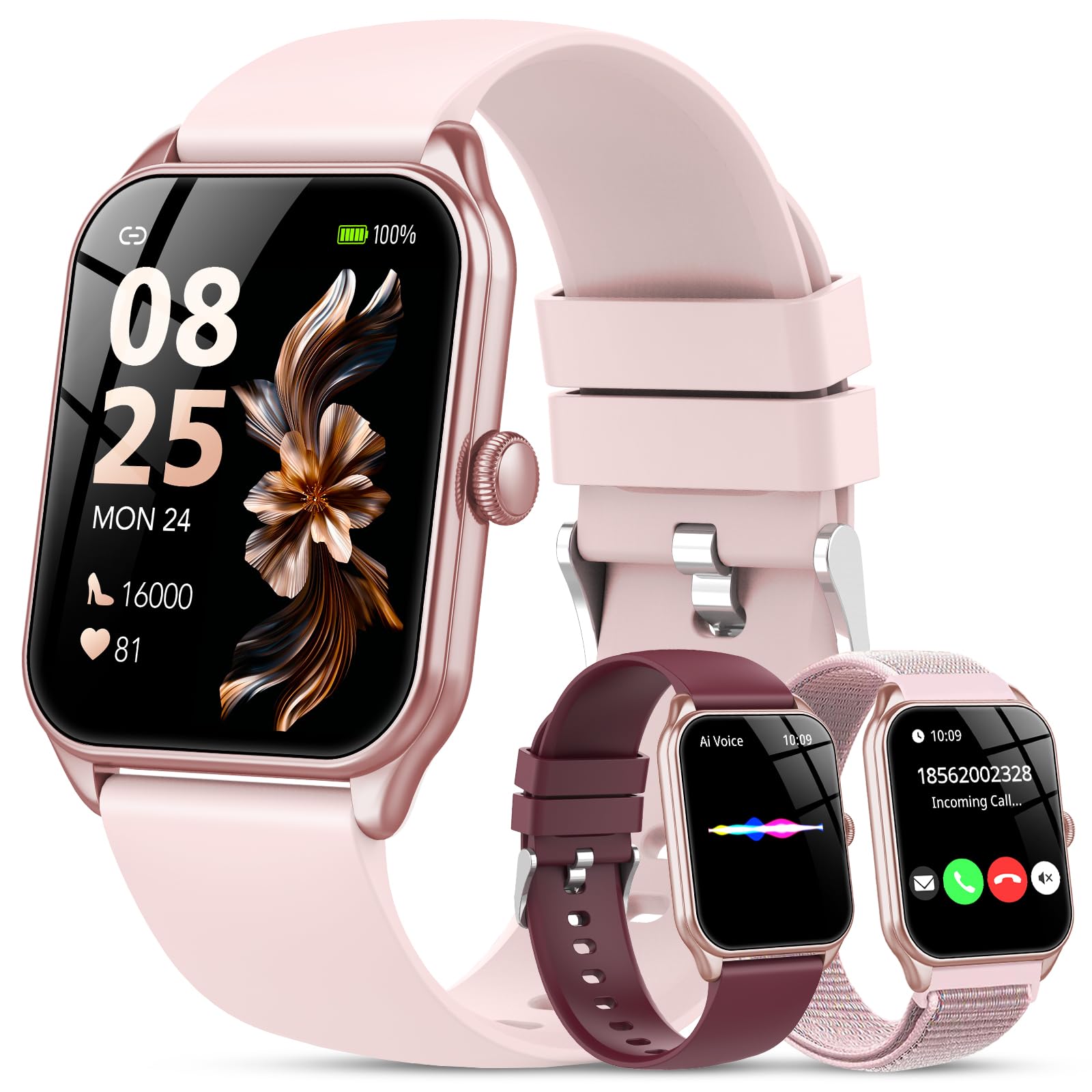IKT Smartwatch Damen Herren, 1.83" HD Smart Watch, 120+ Modi, Fitness Tracker mit Bluetooth Telefonie, IP68 Schrittzähler Uhr mit bis zu 30 Tage Standby für iOS und Android, 3 Armbänder, Rosa