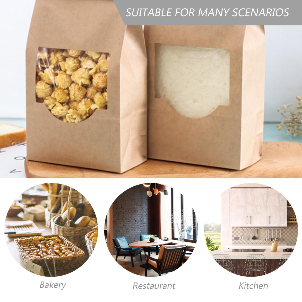 iplusmile À Biscuits En Papier Kraft Avec Fenêtre Et Fermeture Réutilisable Anti-Graisse Pour Boulangerie Pop-Corn Cookies Cadeaux 11.5 X 11.5 X 9.7 Pouces
