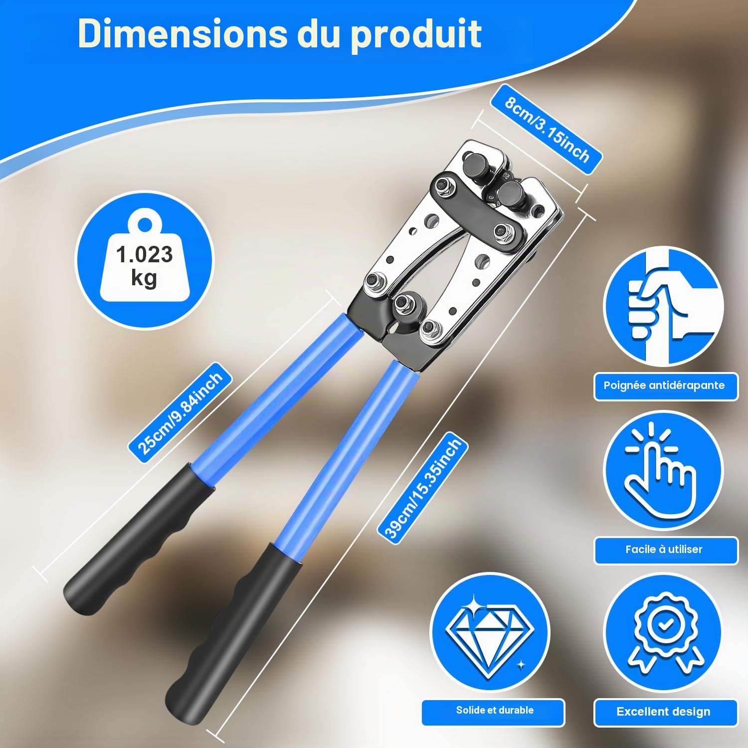 Pince à Sertir Professionnelle pour Cosses 10-1/0 AWG (6-50mm²) - Avec 80 Bornes à Anneau en Cuivre + 80 Gainettes Thermorétractables, 8 tailles, Outil de Crimpage Électrique à Cliquet Multifonction