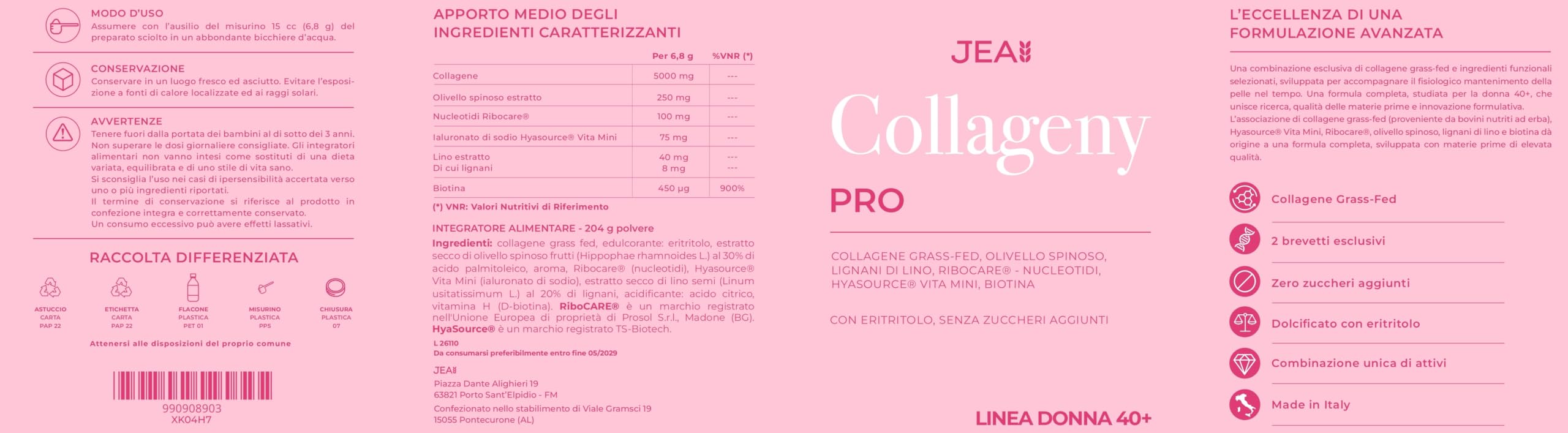 JEA Collageny Pro Collagene Idrolizzato Grass Fed in Polvere con 2 Brevetti Esclusivi Hyasource Vita-Mini® Acido Ialuronico e Ribocare® Nucleotidi, Senza Zuccheri Aggiunti